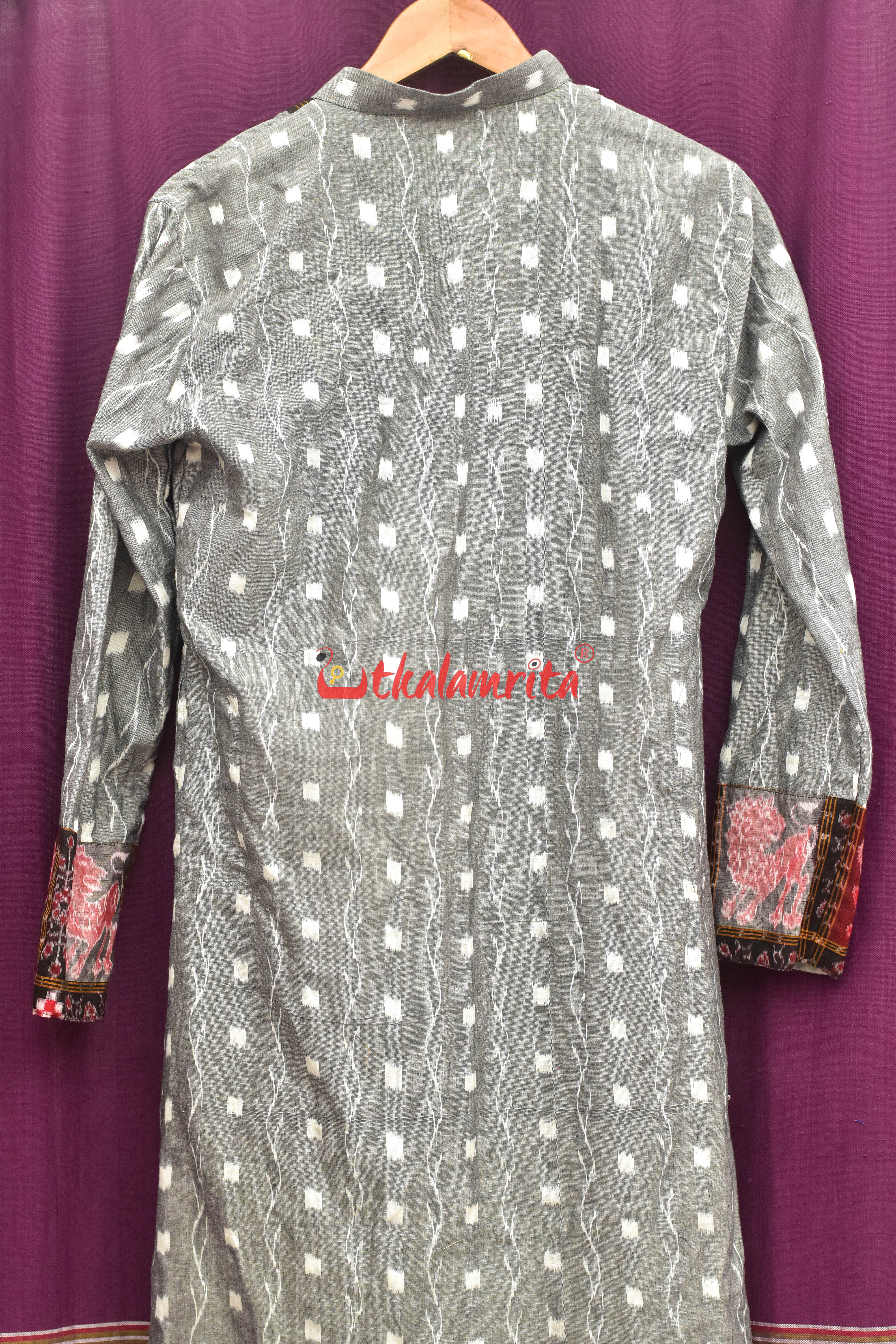 Grey Tipa with Red Elephants Asymmetric (Men's Full Kurta)