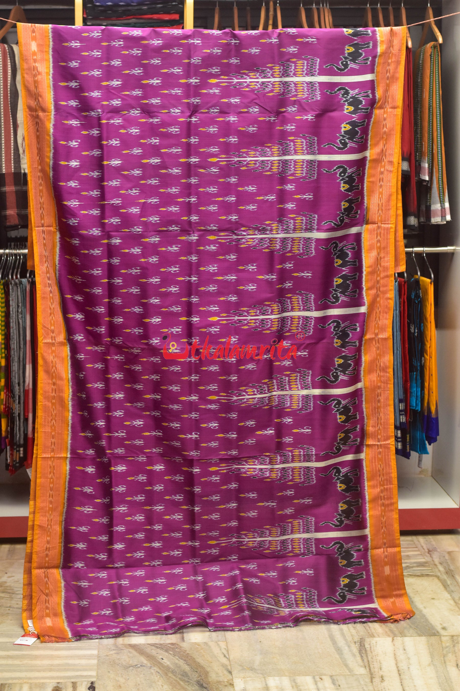 Magenta Trees with Elephant Khandua Silk Saree