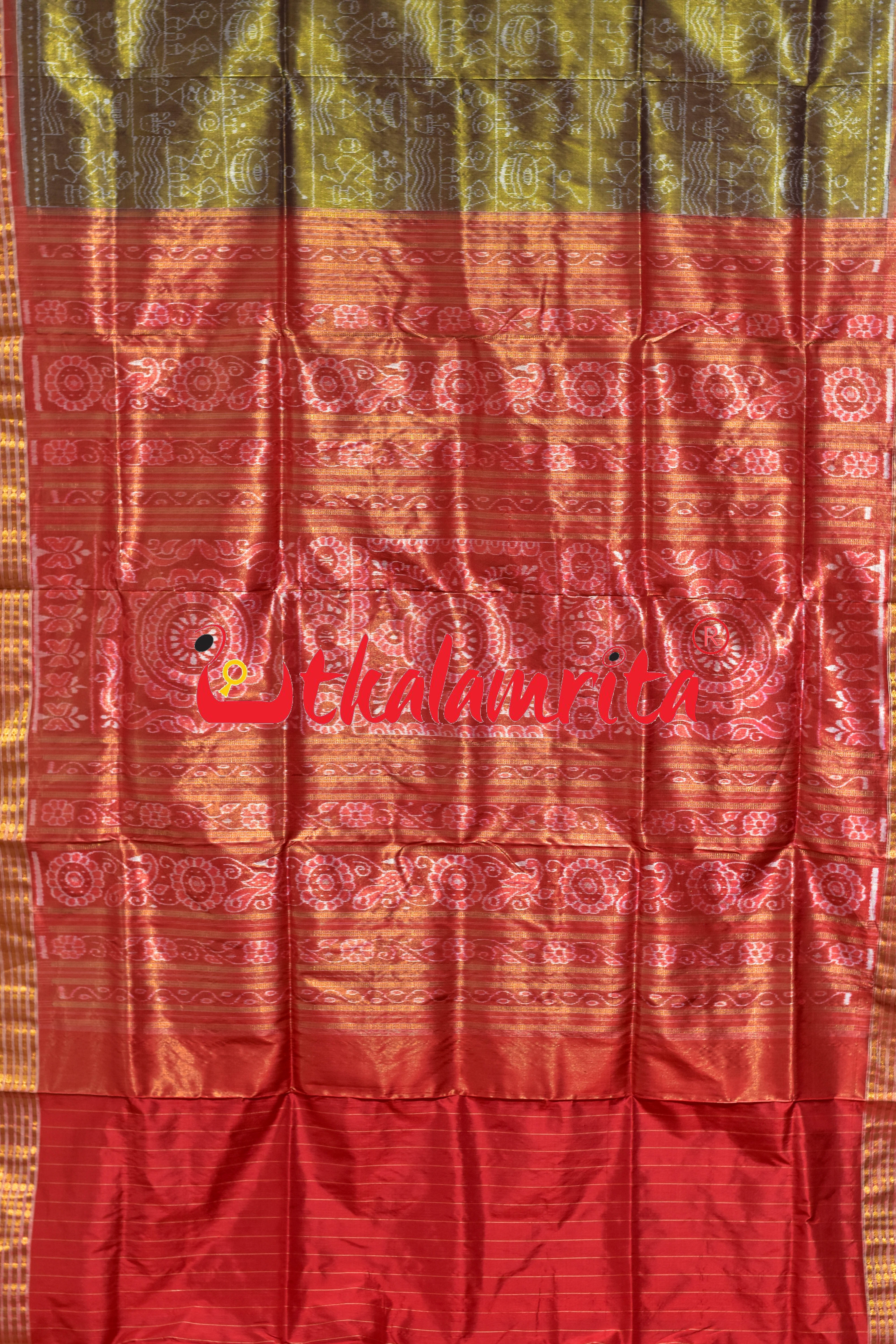 Olive Red Adibasi Full Tissue Sambalpuri Silk Saree