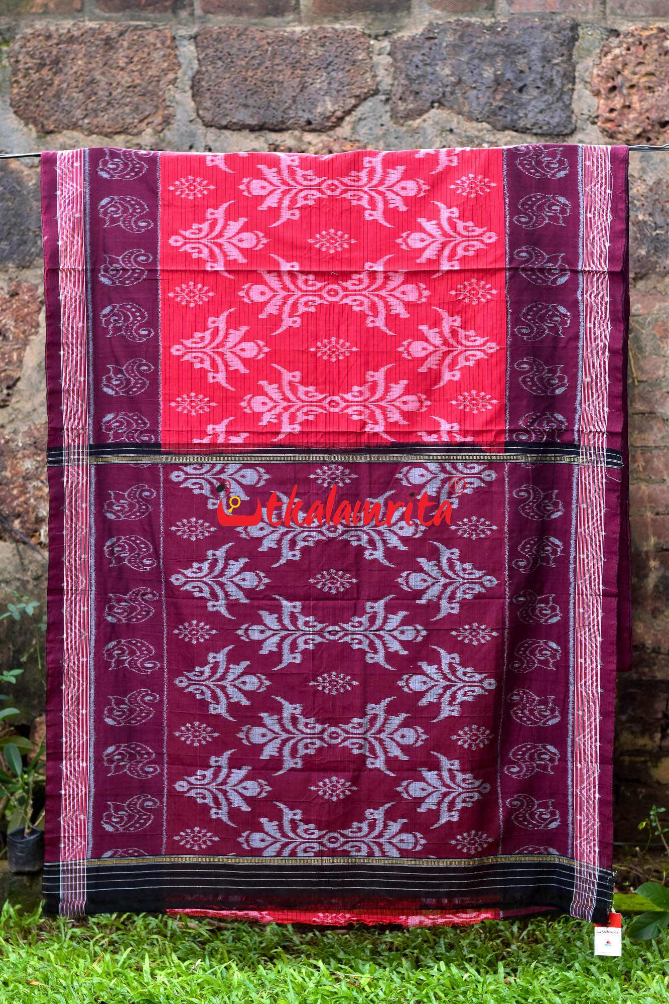 Red Maroon Sankha Khandua Cotton Saree