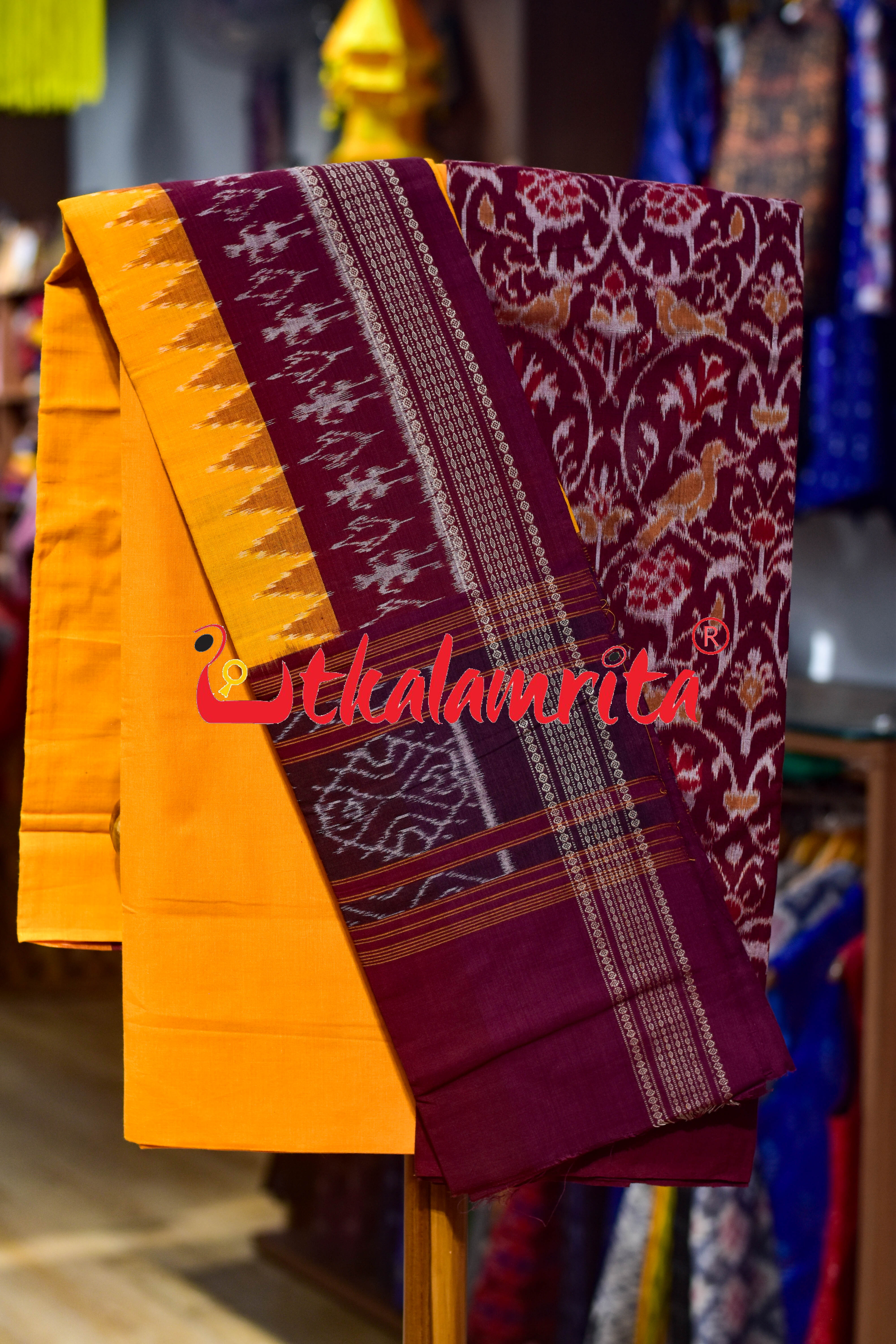 Maroon Yellow Chadhei Sambalpuri Cotton Dress Set