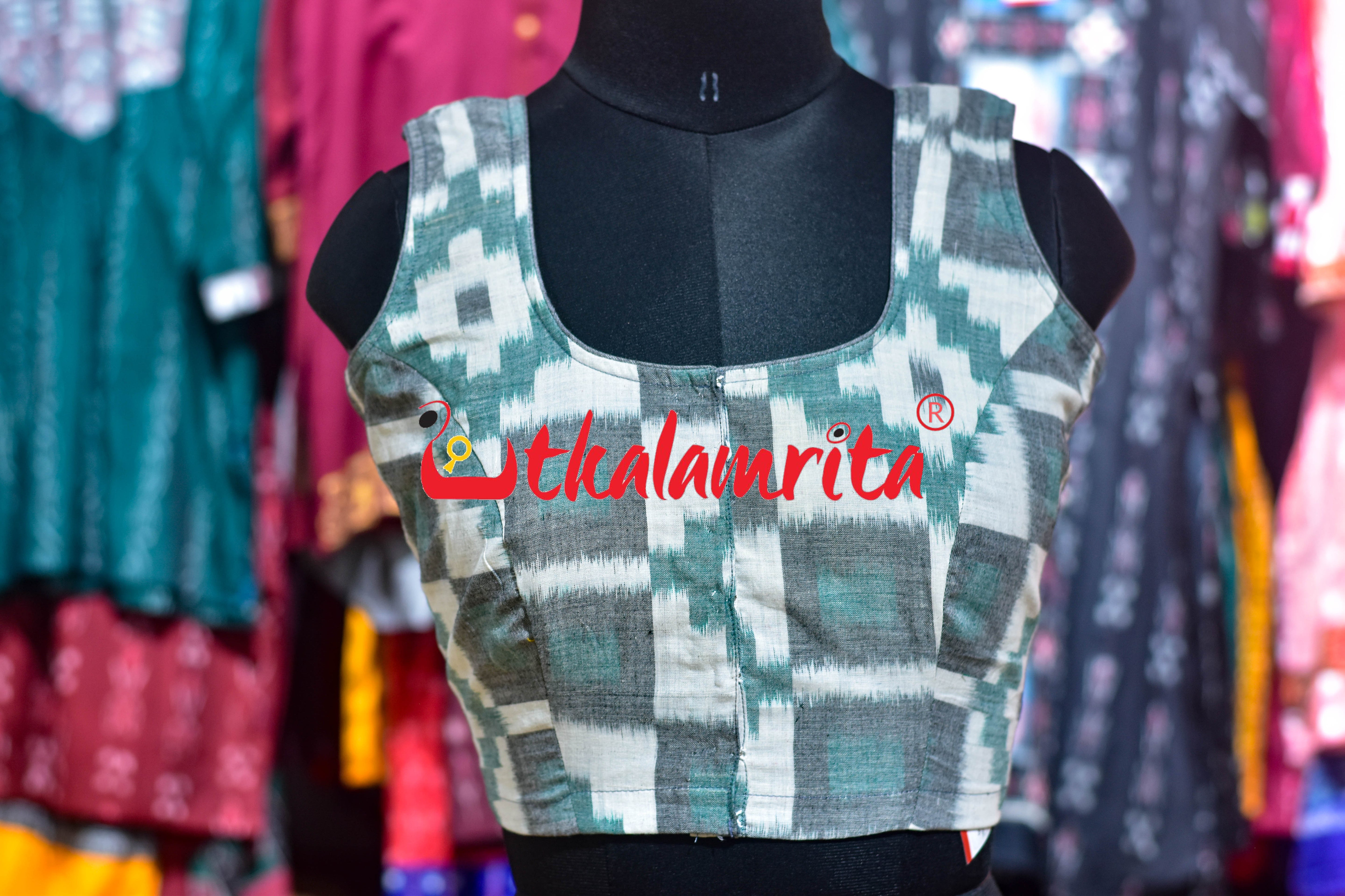 Green Grey White Kuthi Pasapali Sleeveless (Blouse)