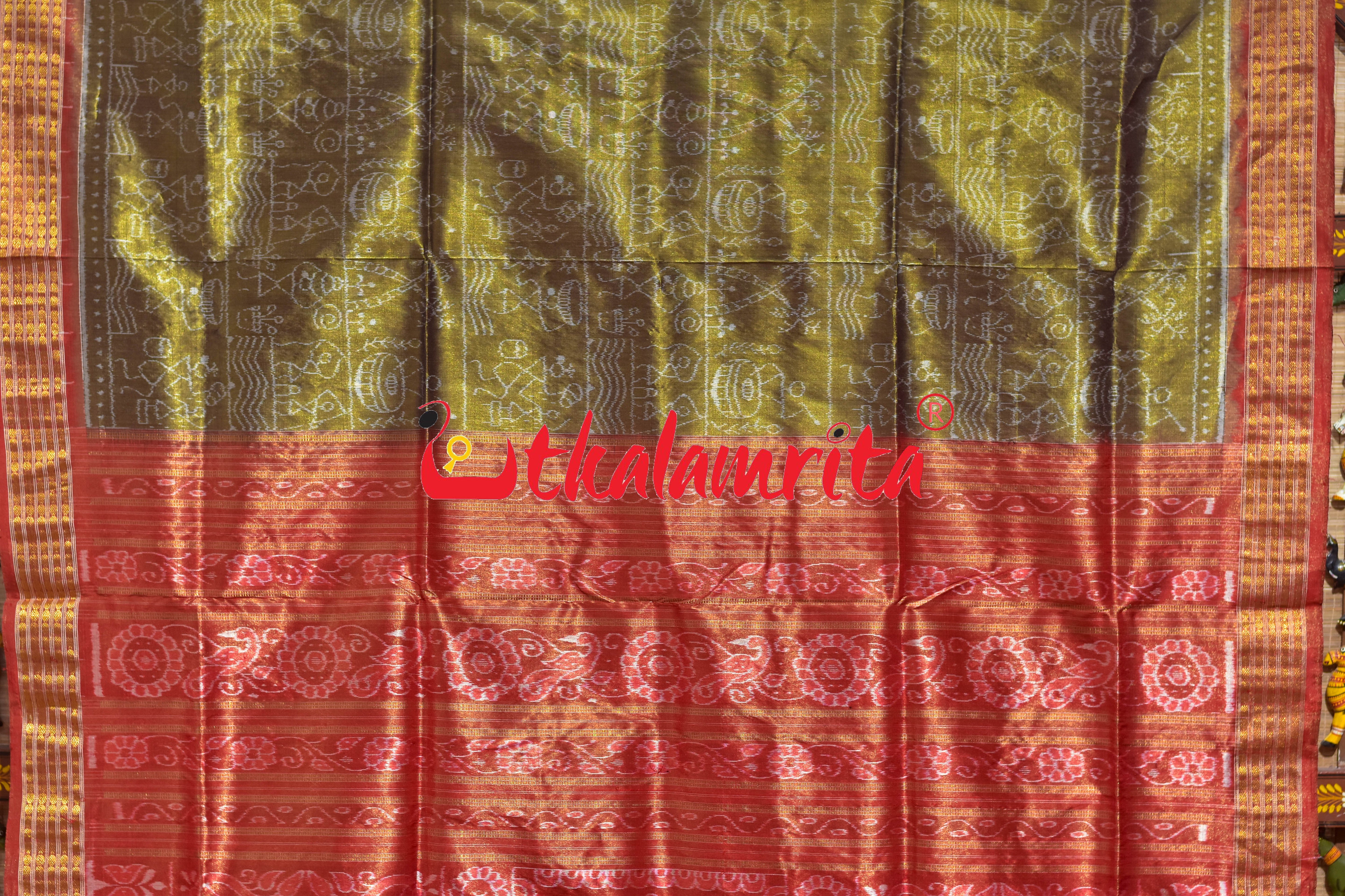 Olive Red Adibasi Full Tissue Sambalpuri Silk Saree