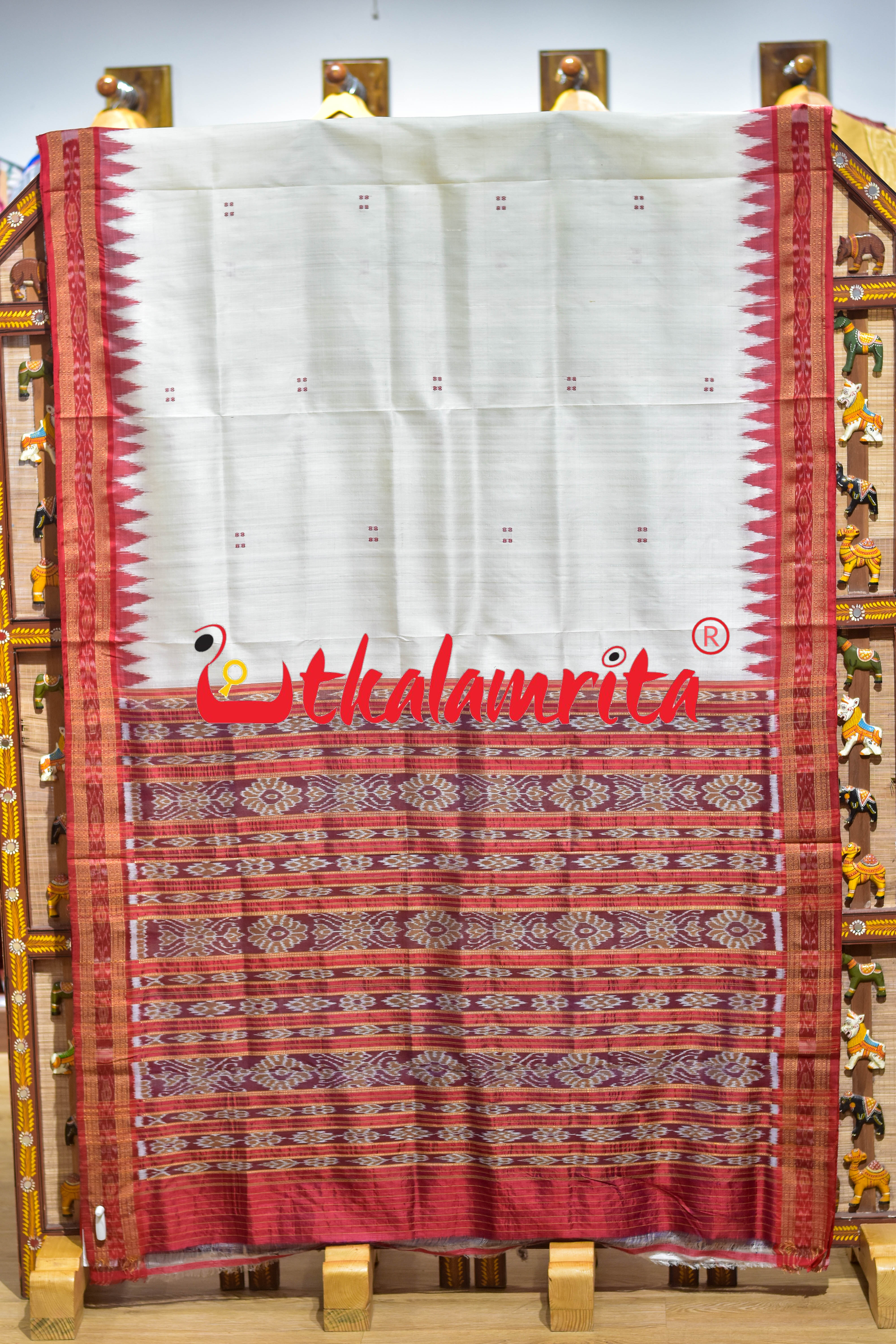 White Red Buti Khandua Silk Saree