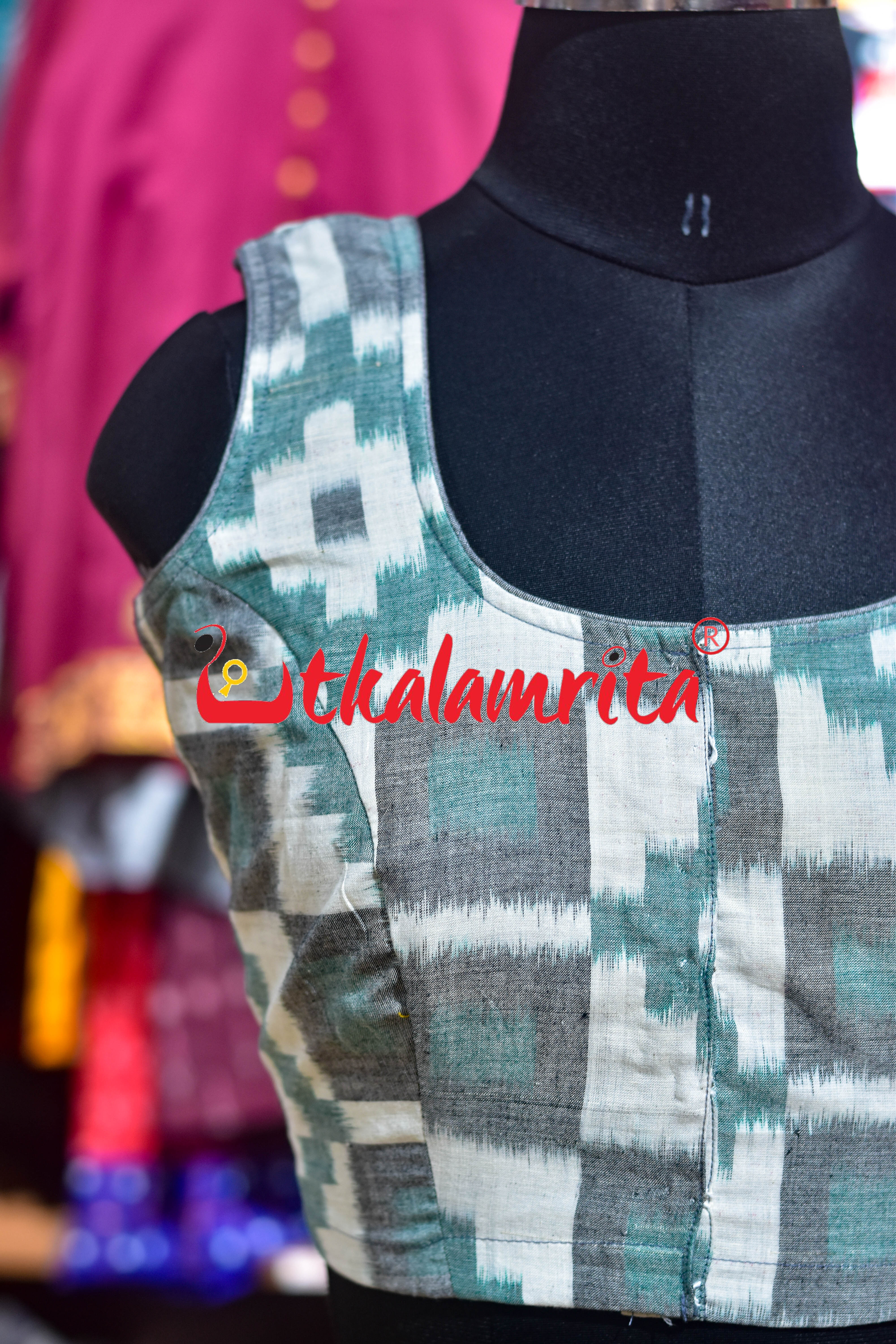 Green Grey White Kuthi Pasapali Sleeveless (Blouse)
