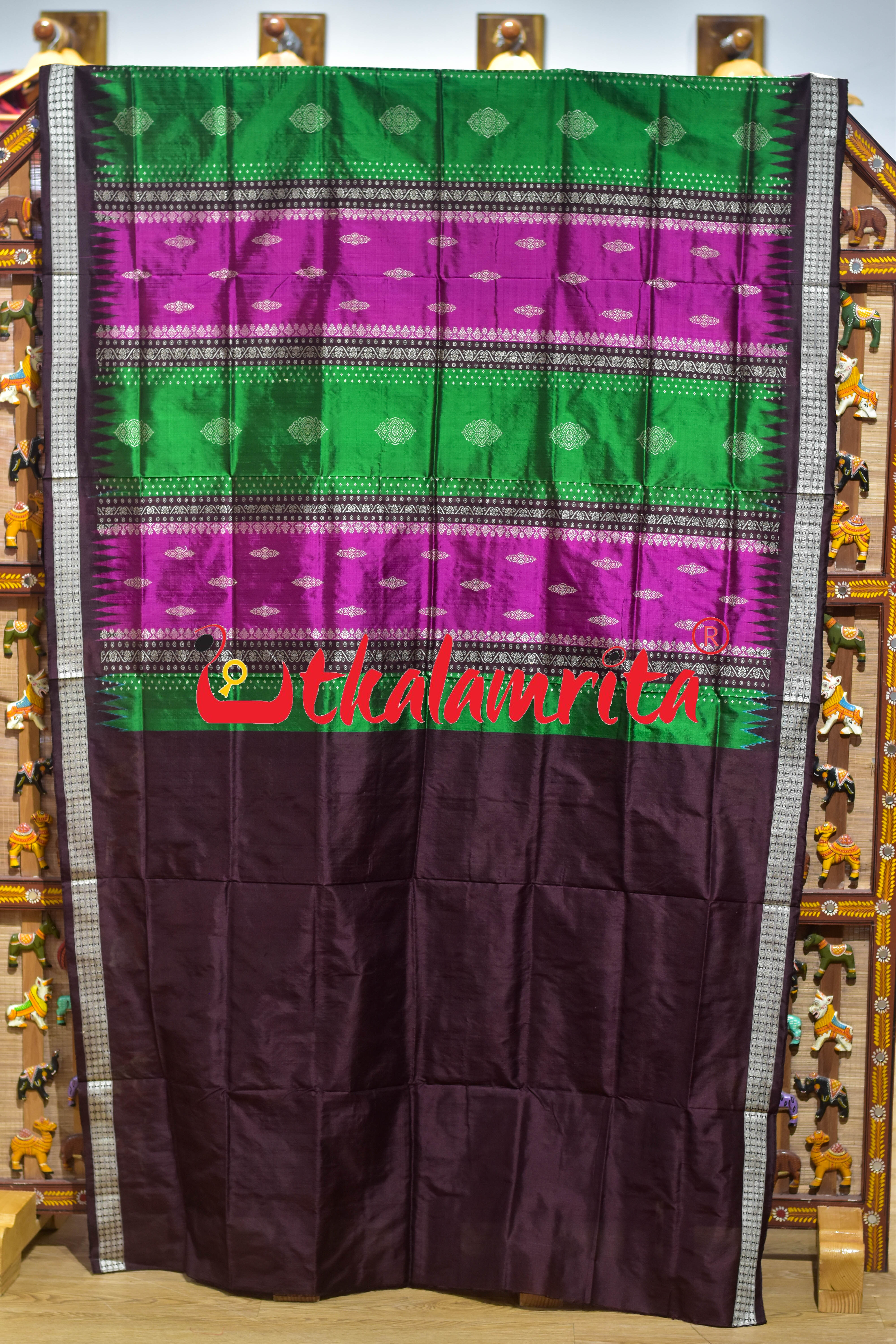 Peri Peri Green Rani Bomkai Silk Saree