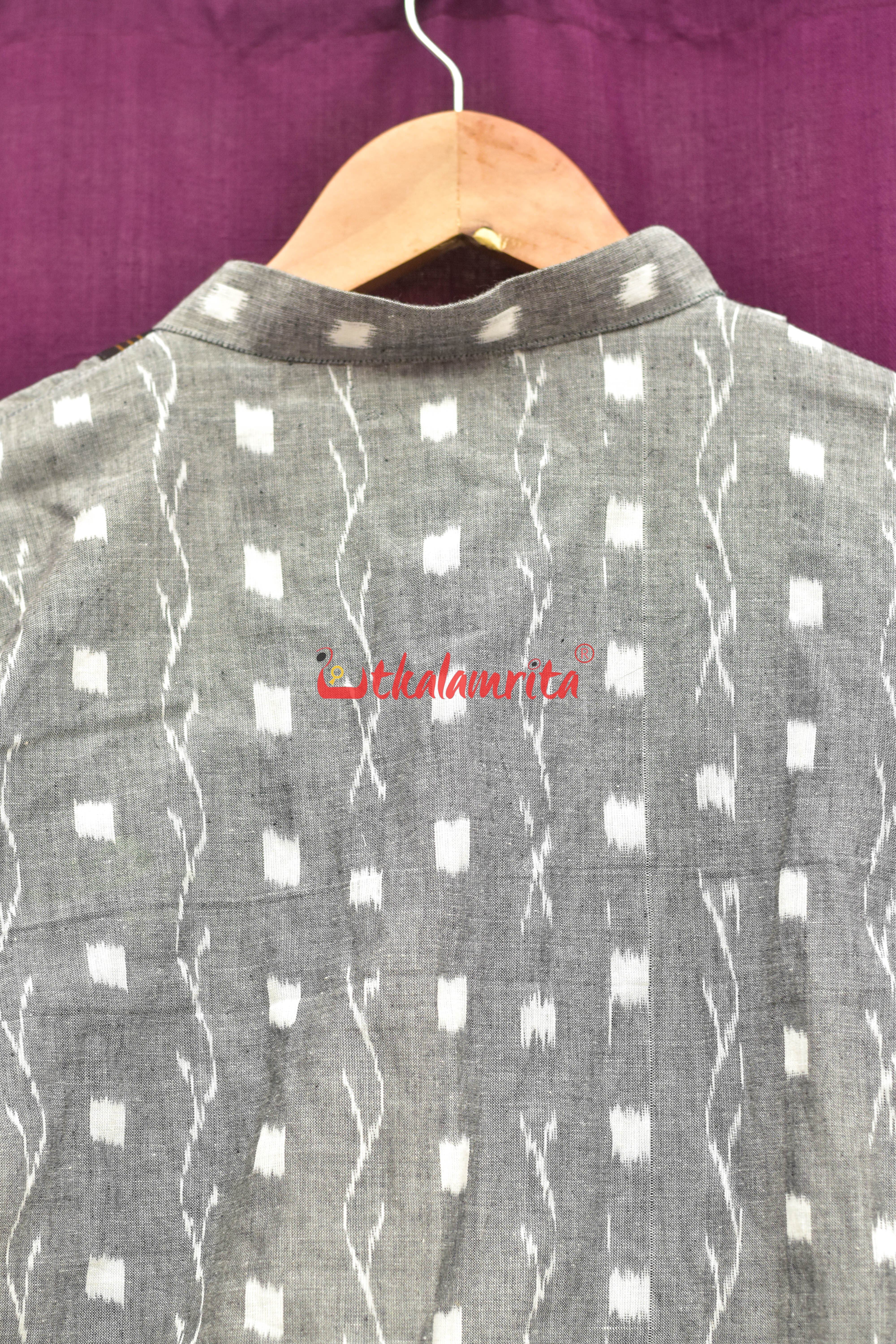 Grey Tipa with Red Elephants Asymmetric (Men's Full Kurta)