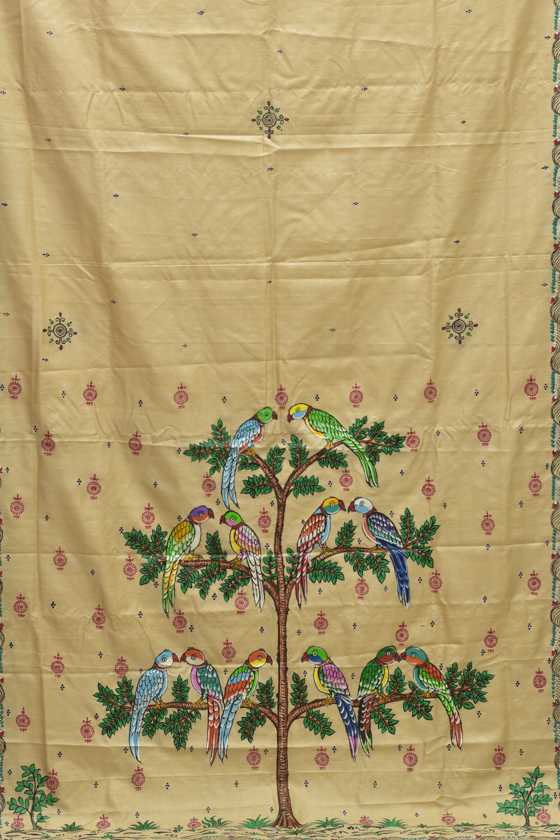 Dozen Parrots Pattachitra Tussar Silk Saree