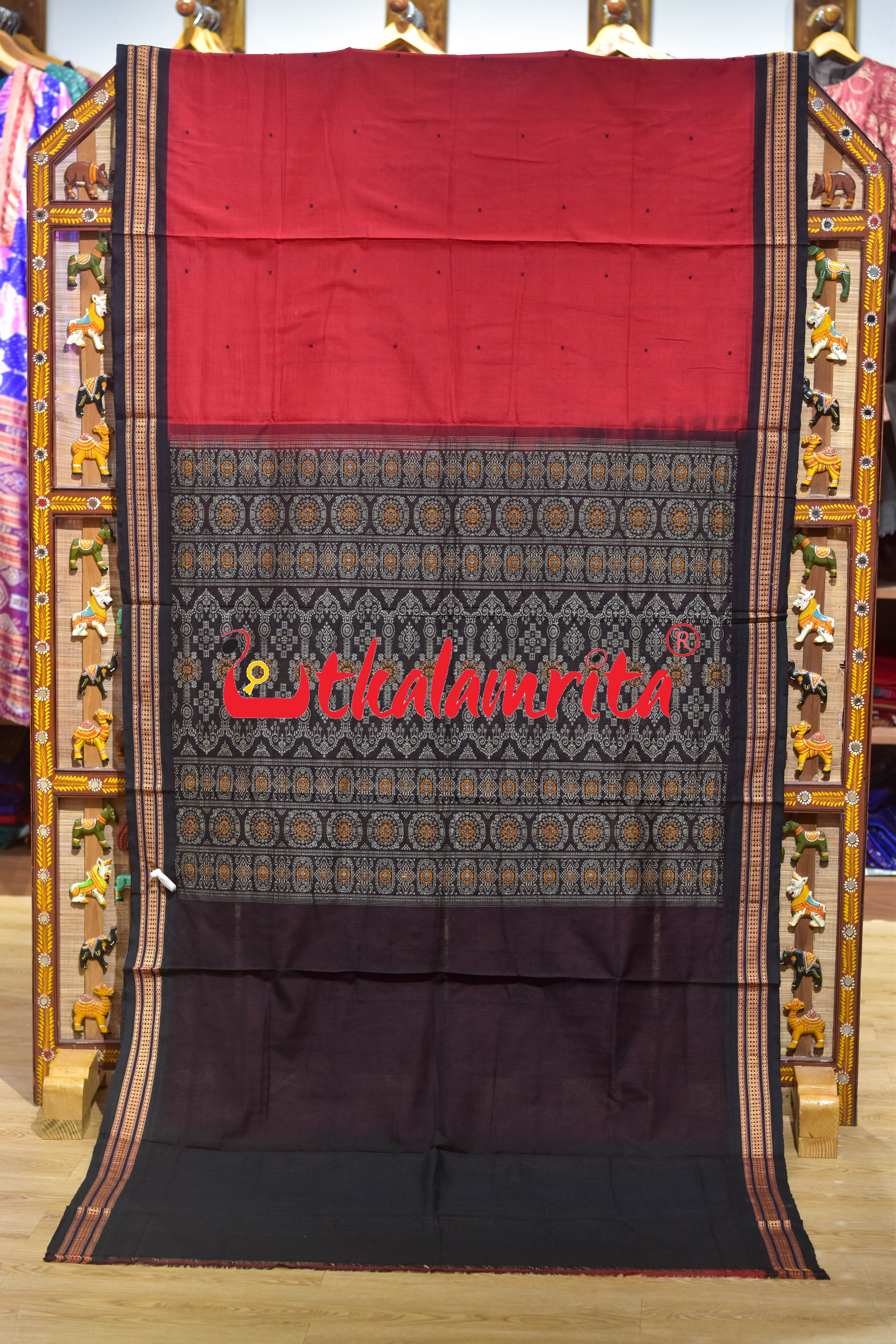 Red Black Buti Bomkai Cotton Saree
