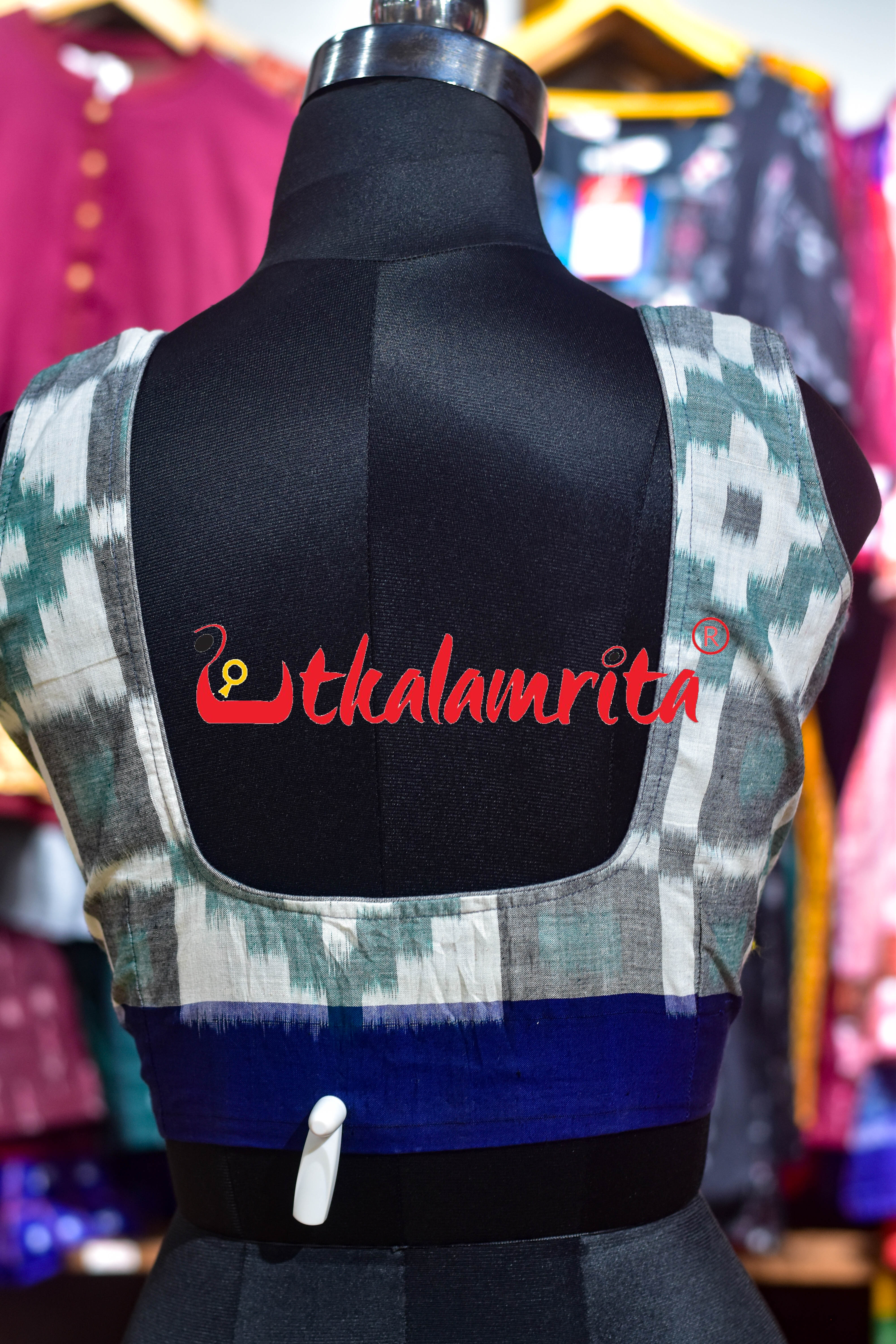 Green Grey White Kuthi Pasapali Sleeveless (Blouse)