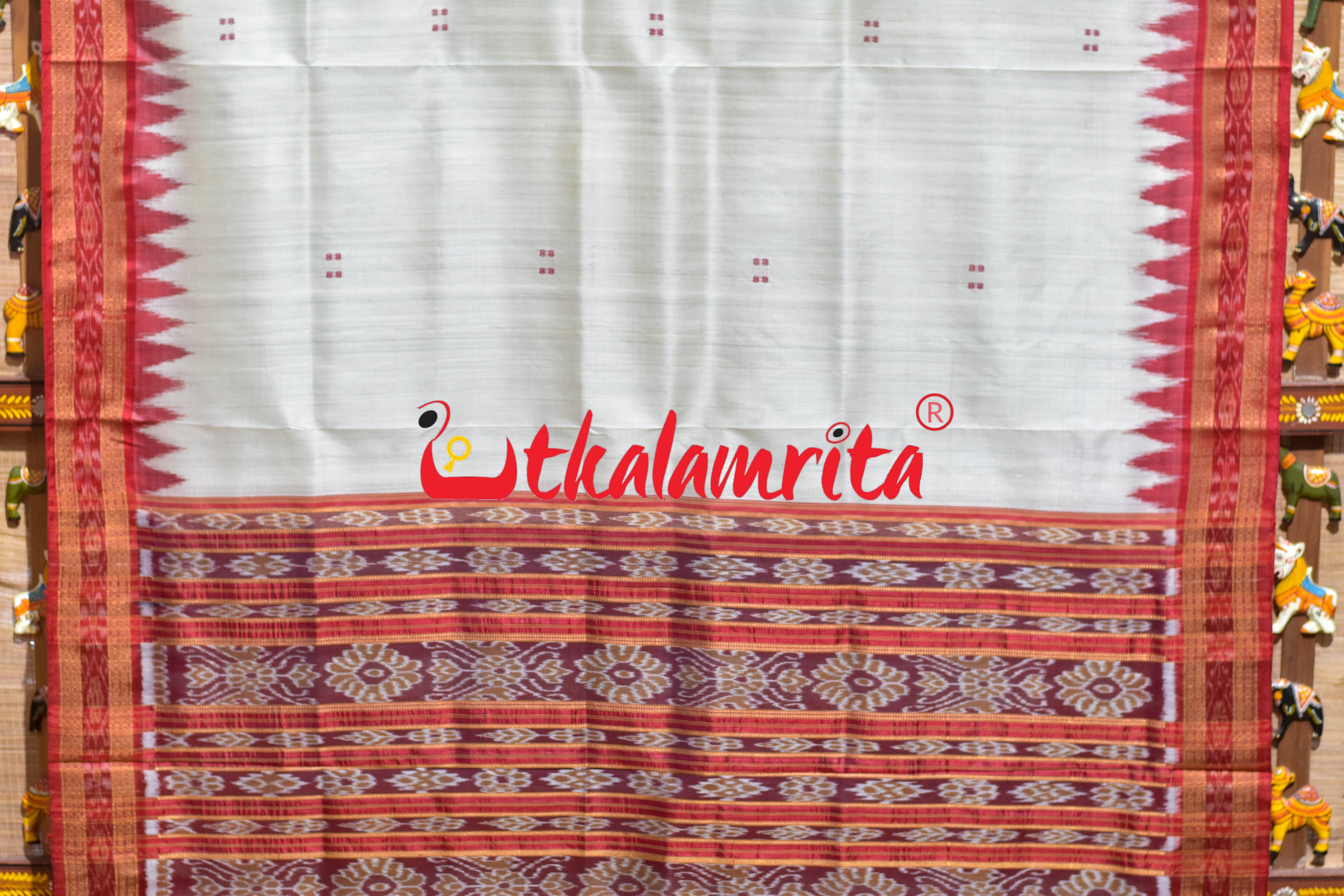 White Red Buti Khandua Silk Saree