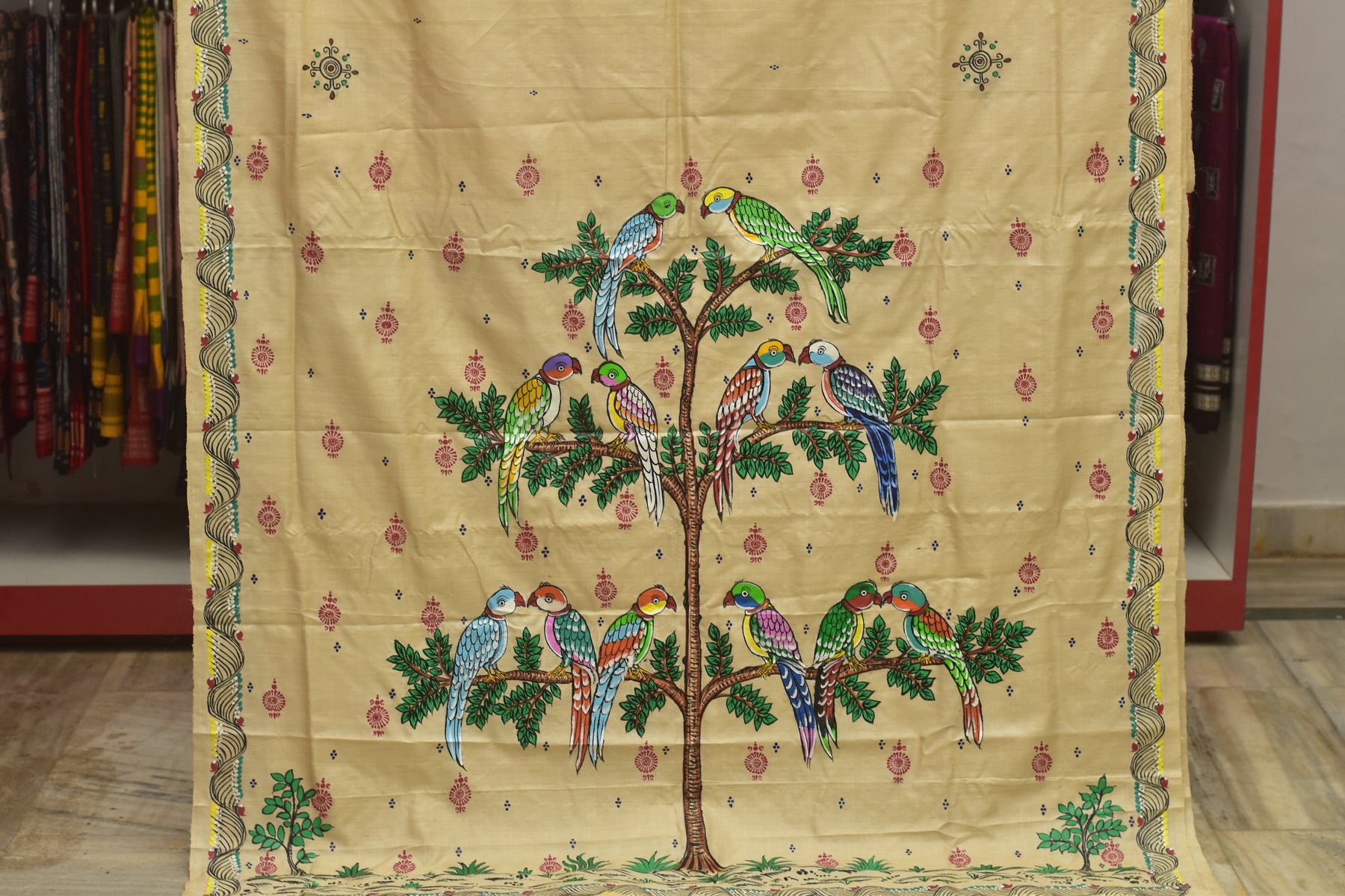 Dozen Parrots Pattachitra Tussar Silk Saree