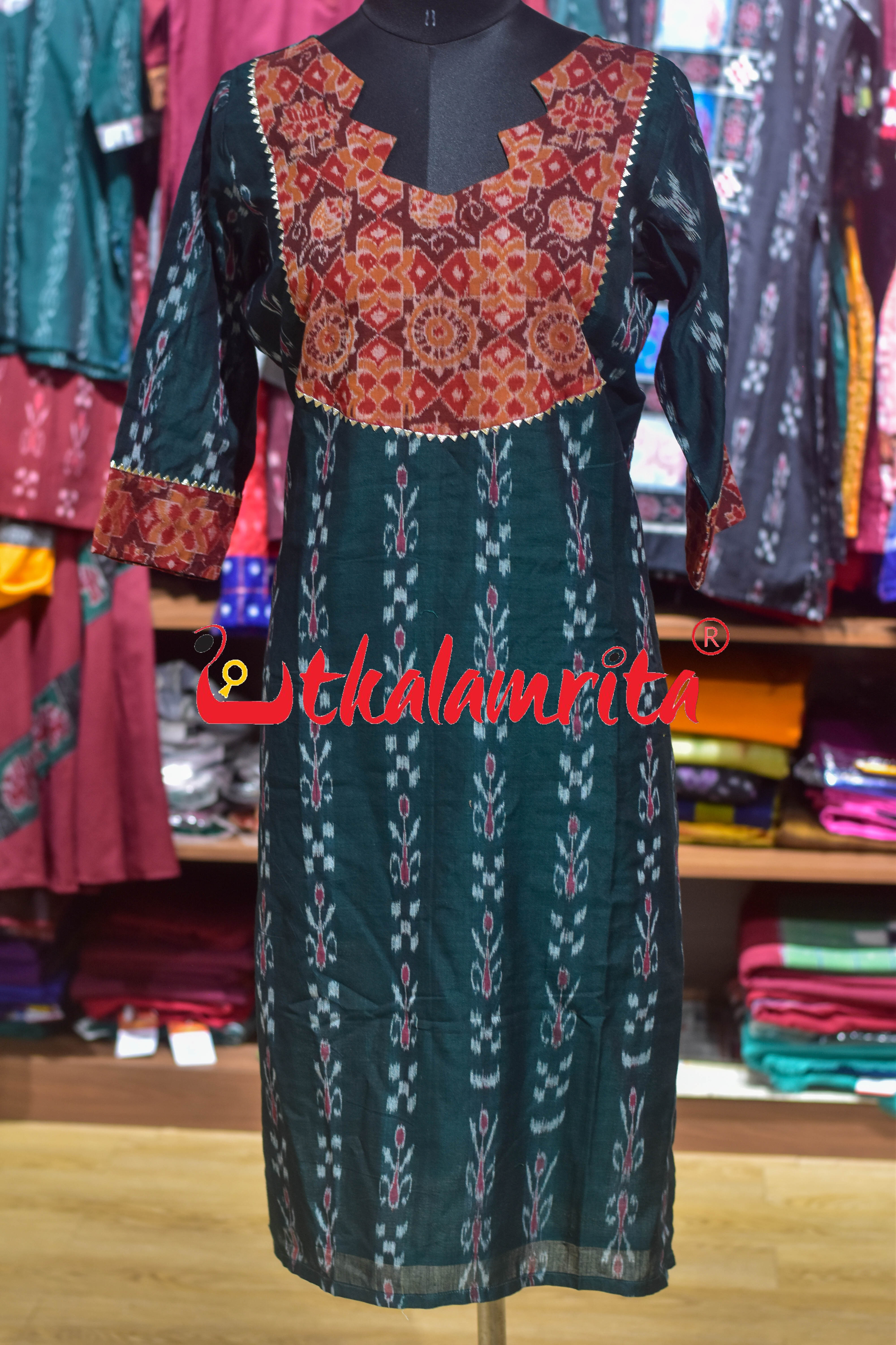 Deep Green Kadha with Rust Padma Chakra (Ladies' Kurti)