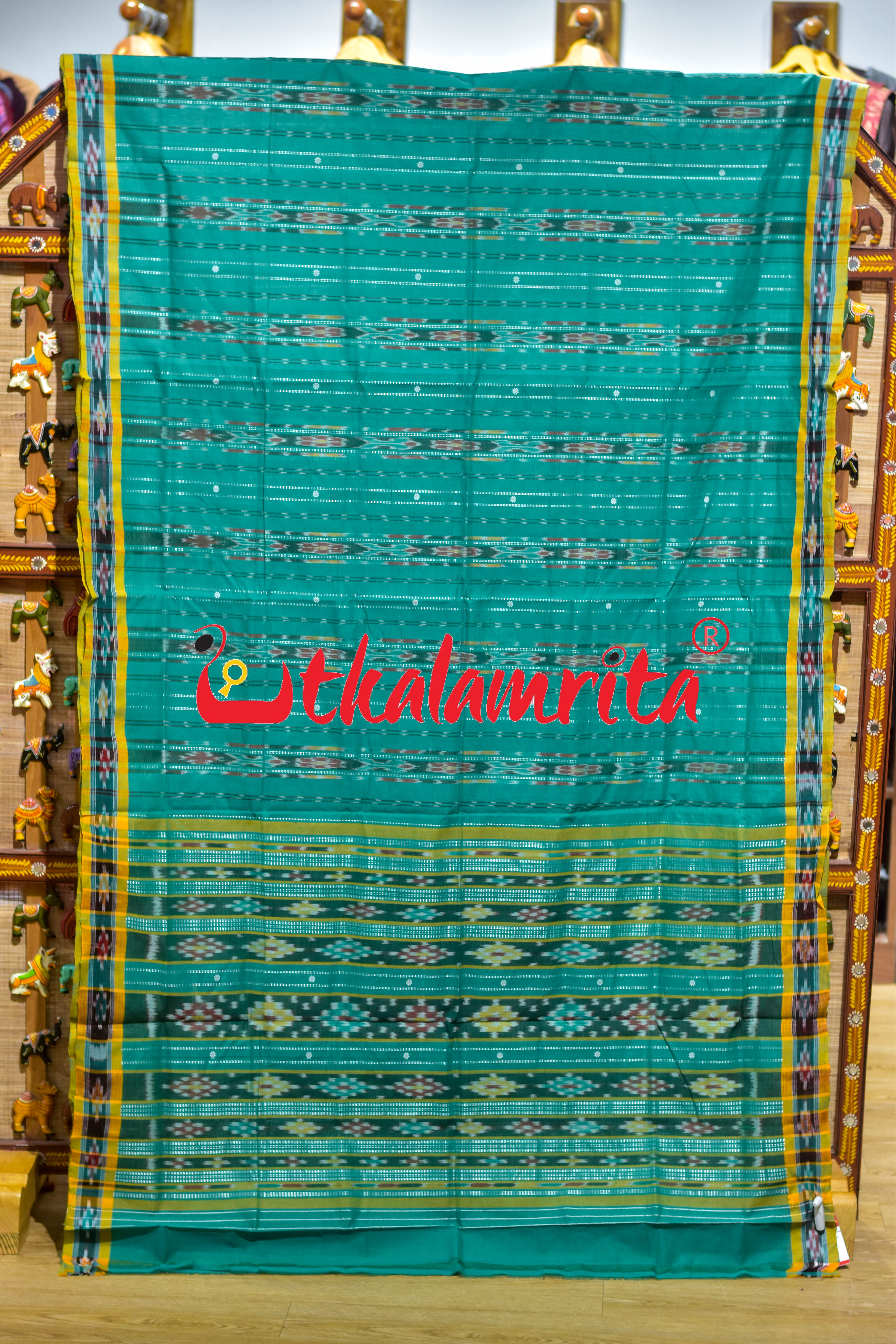Green Fish Lines Pittala Single Cotton Saree
