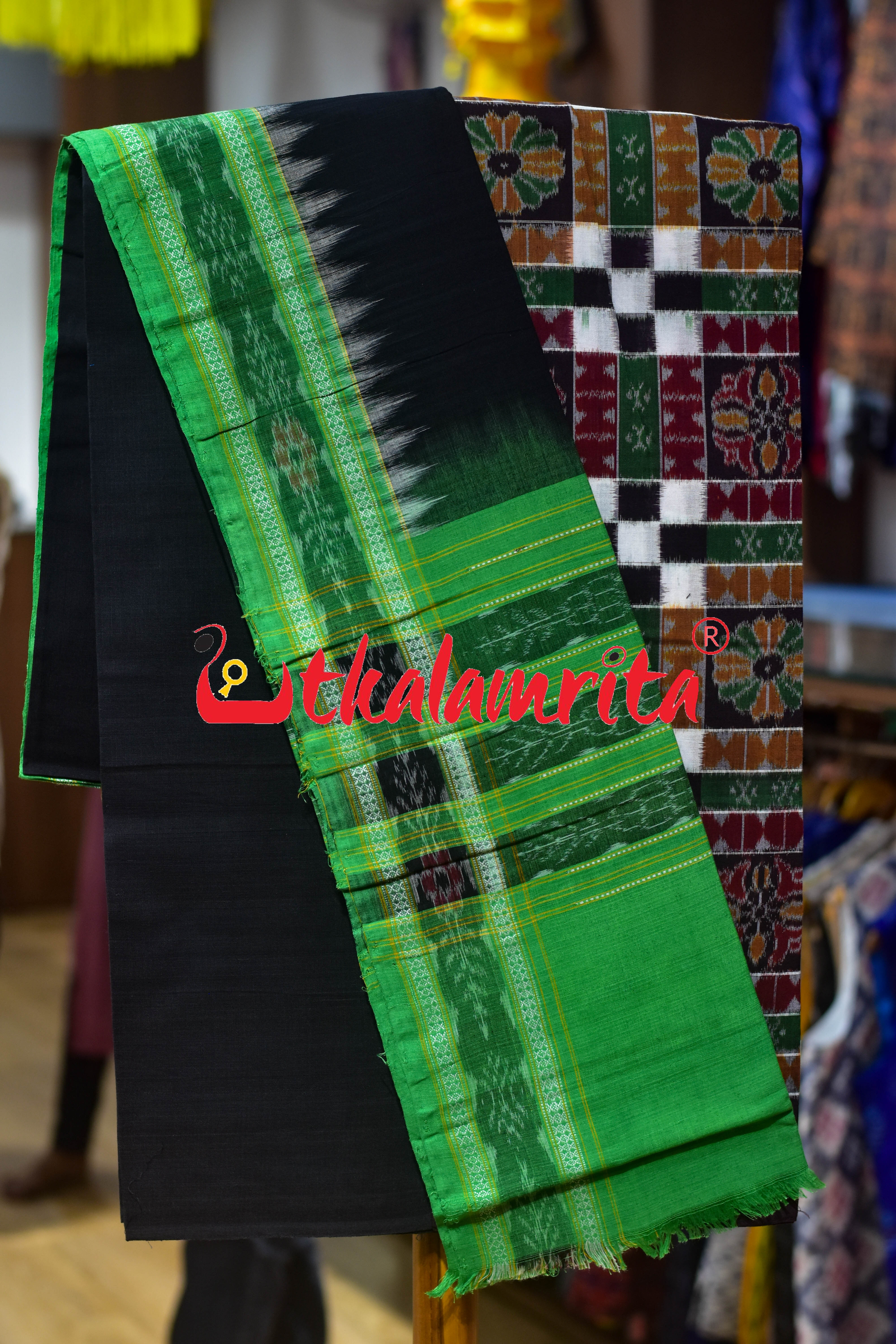 Utkala Lakhmi Coffee Green White Sambalpuri Cotton Dress Set