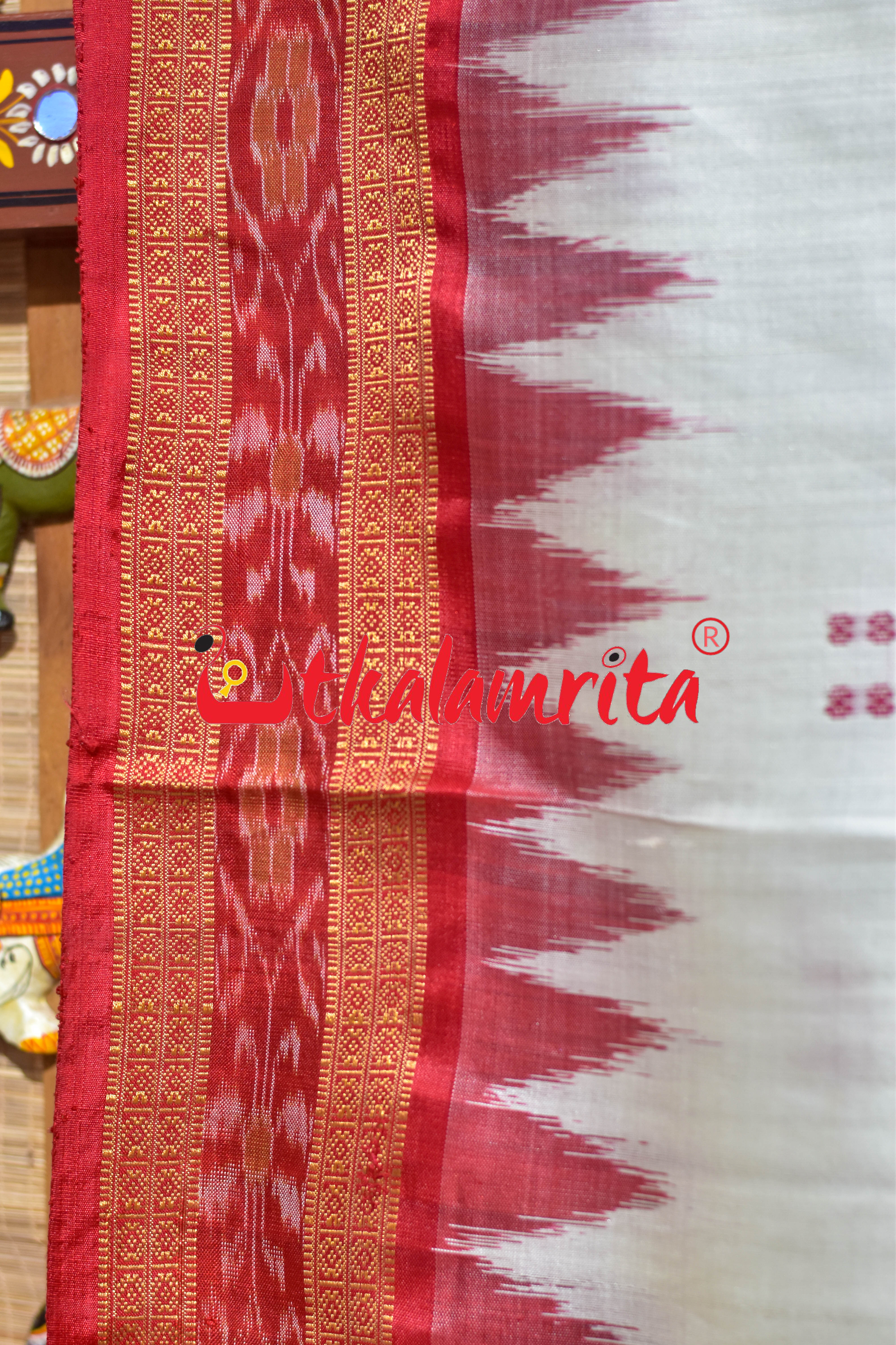 White Red Buti Khandua Silk Saree