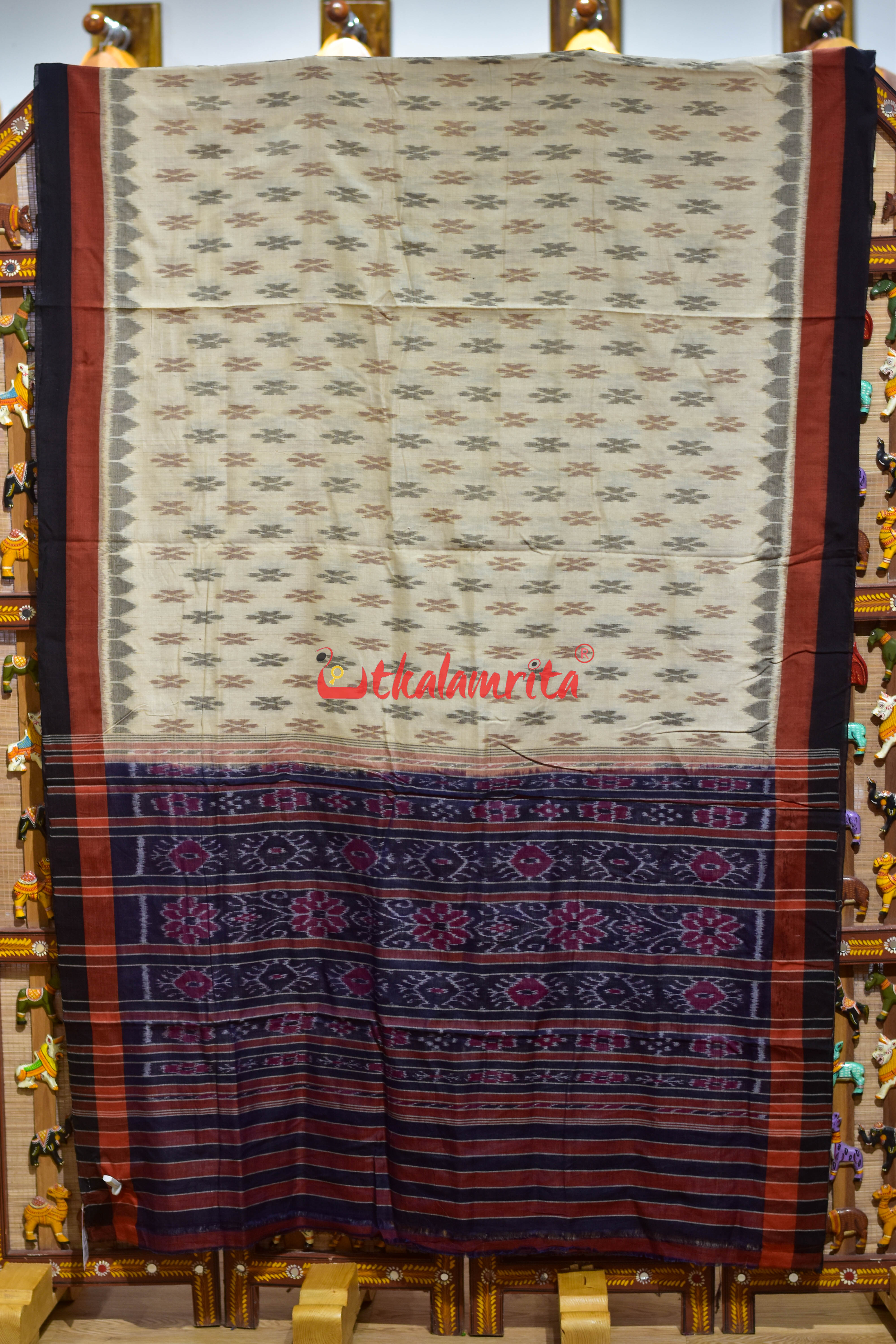 Rust Black Double Border Off White Damru Khandua Cotton Saree