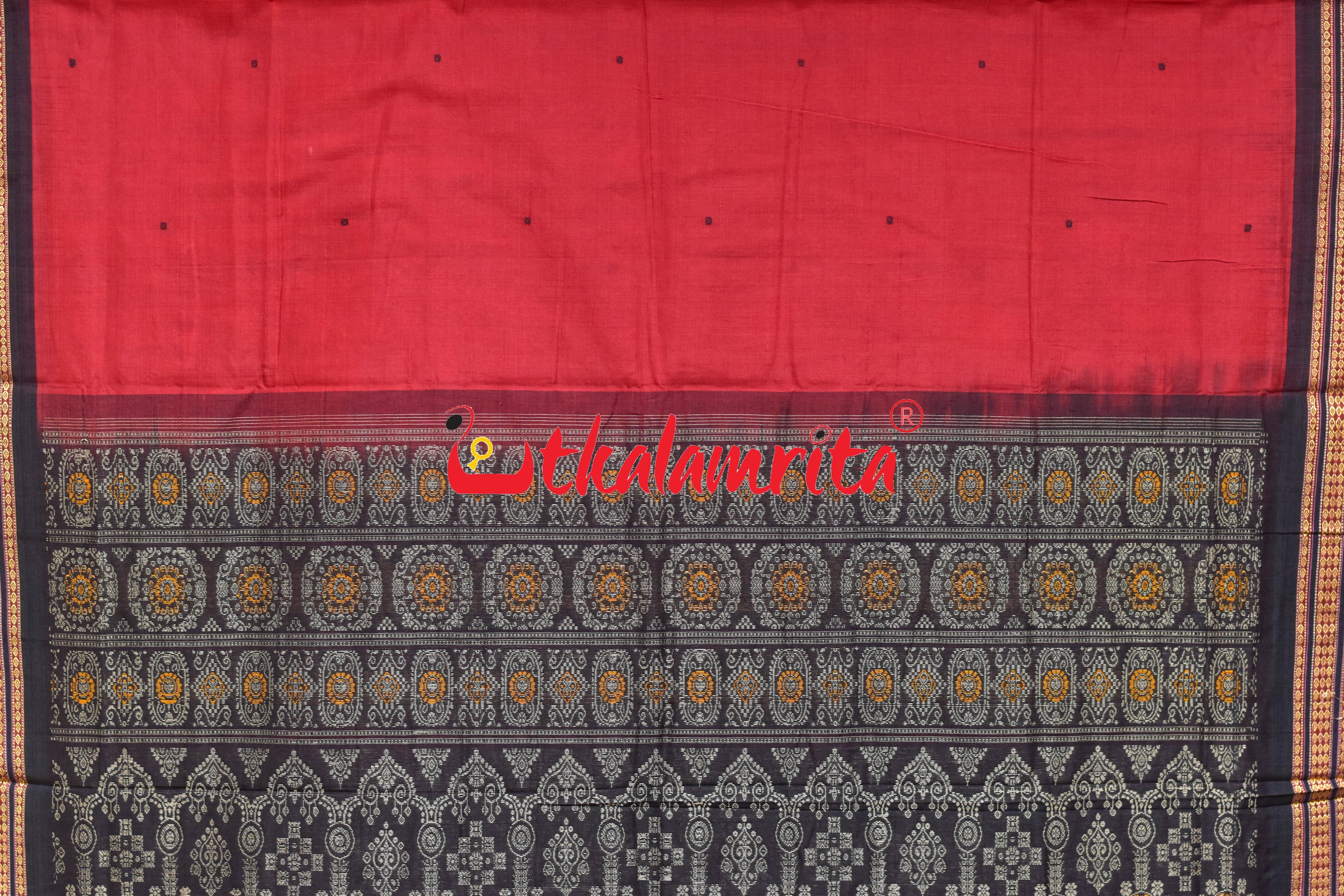 Red Black Buti Bomkai Cotton Saree