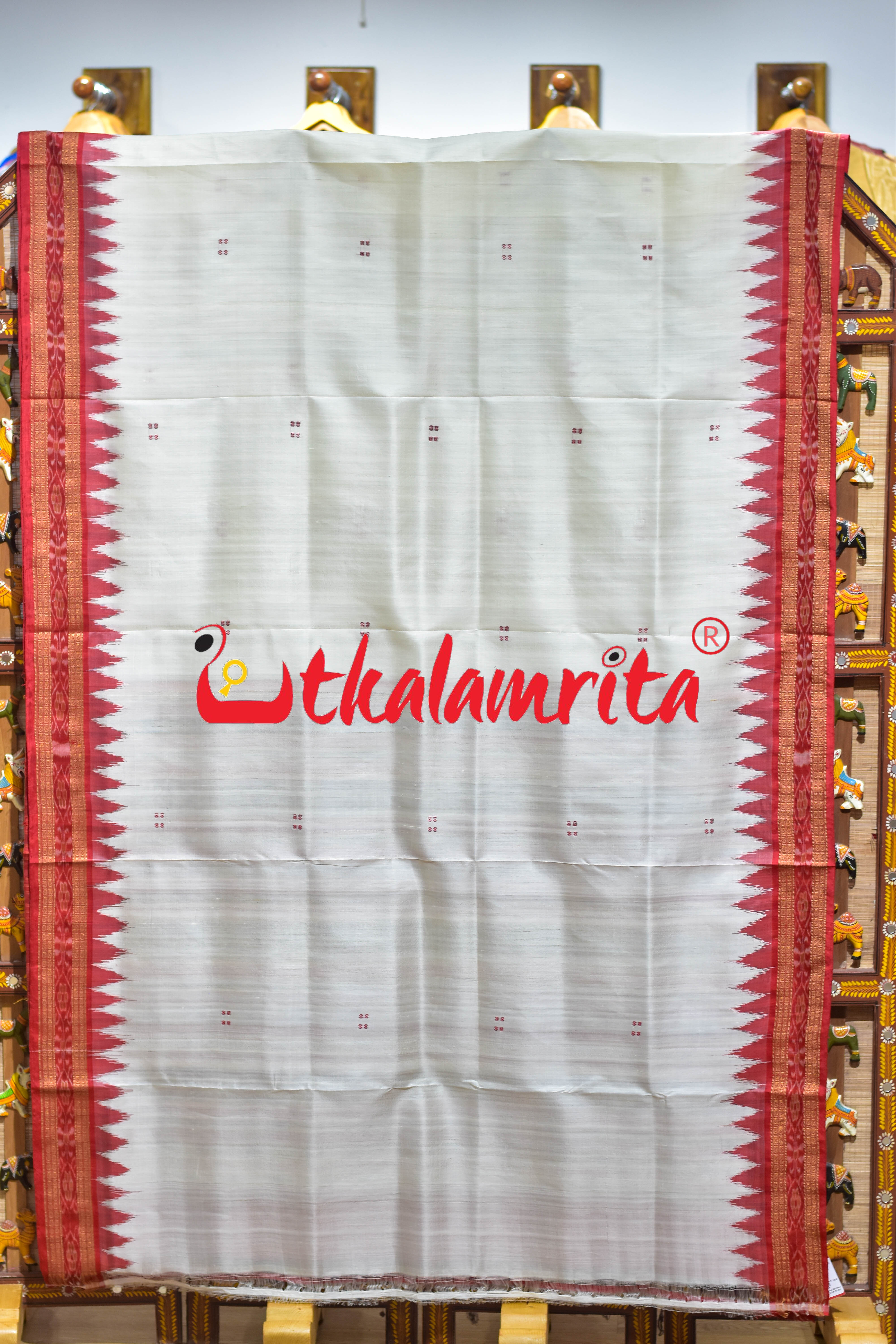 White Red Buti Khandua Silk Saree