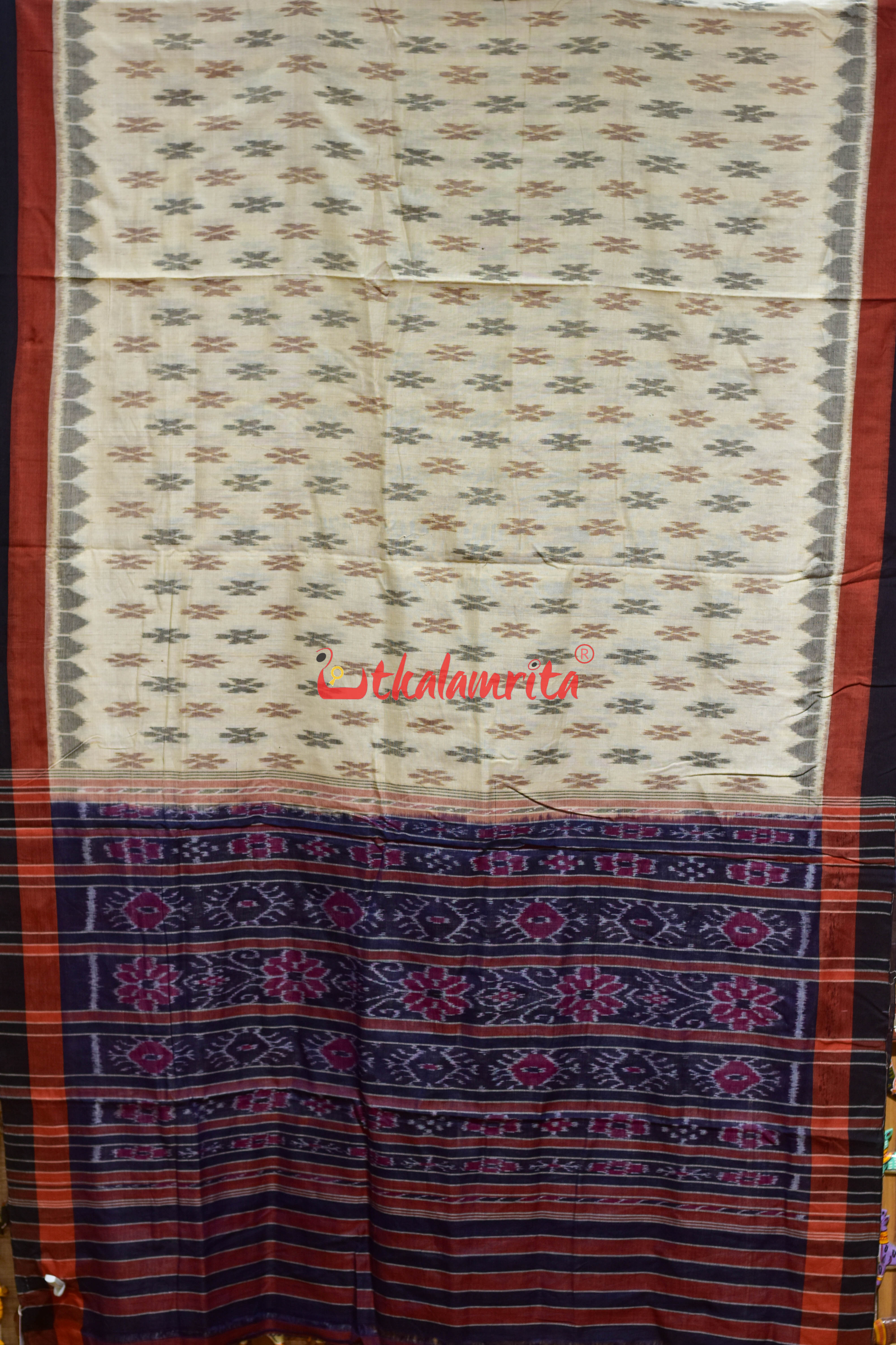 Rust Black Double Border Off White Damru Khandua Cotton Saree