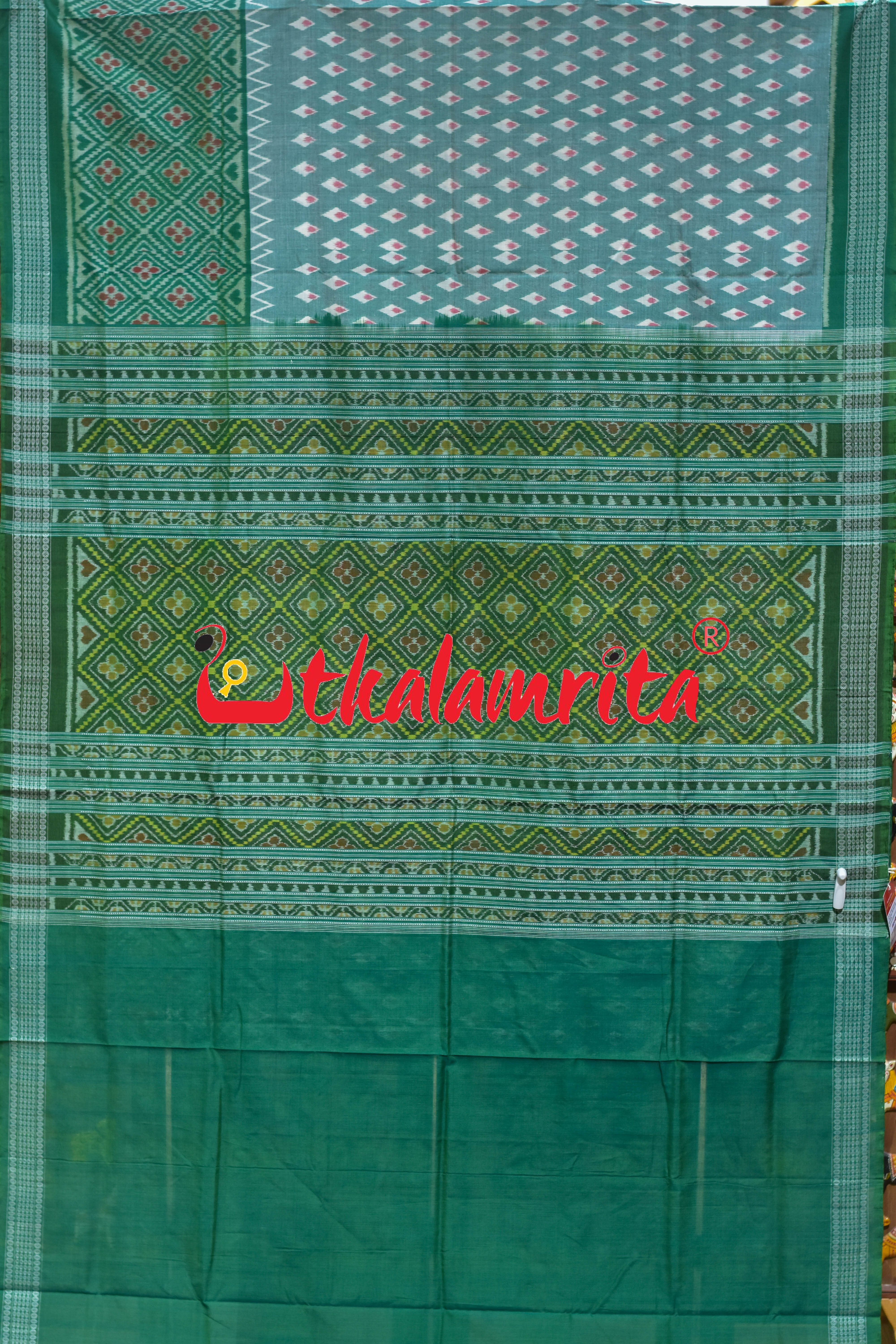 Green White Thikiri Body Bandha Sambalpuri Cotton Saree