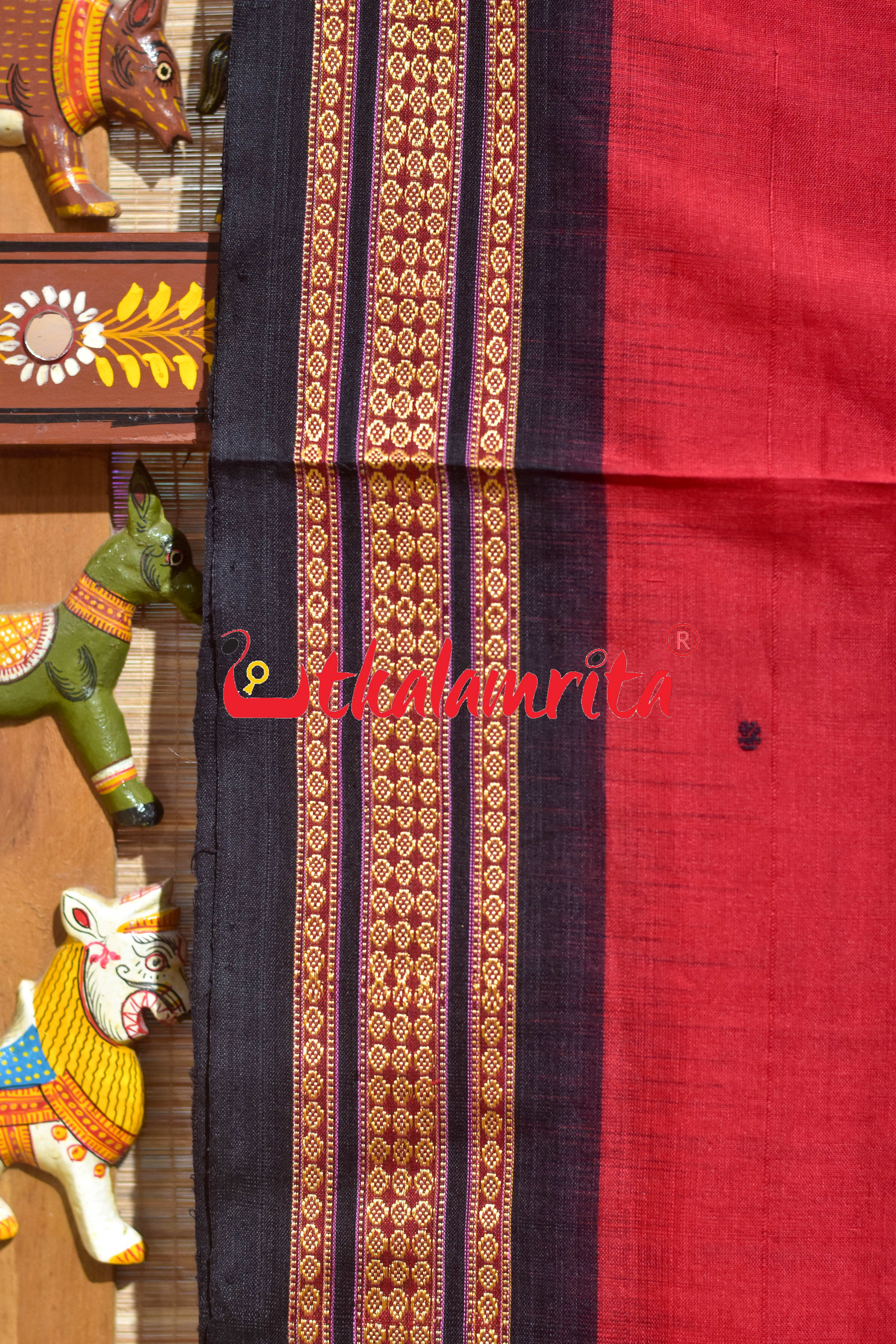 Red Black Buti Bomkai Cotton Saree