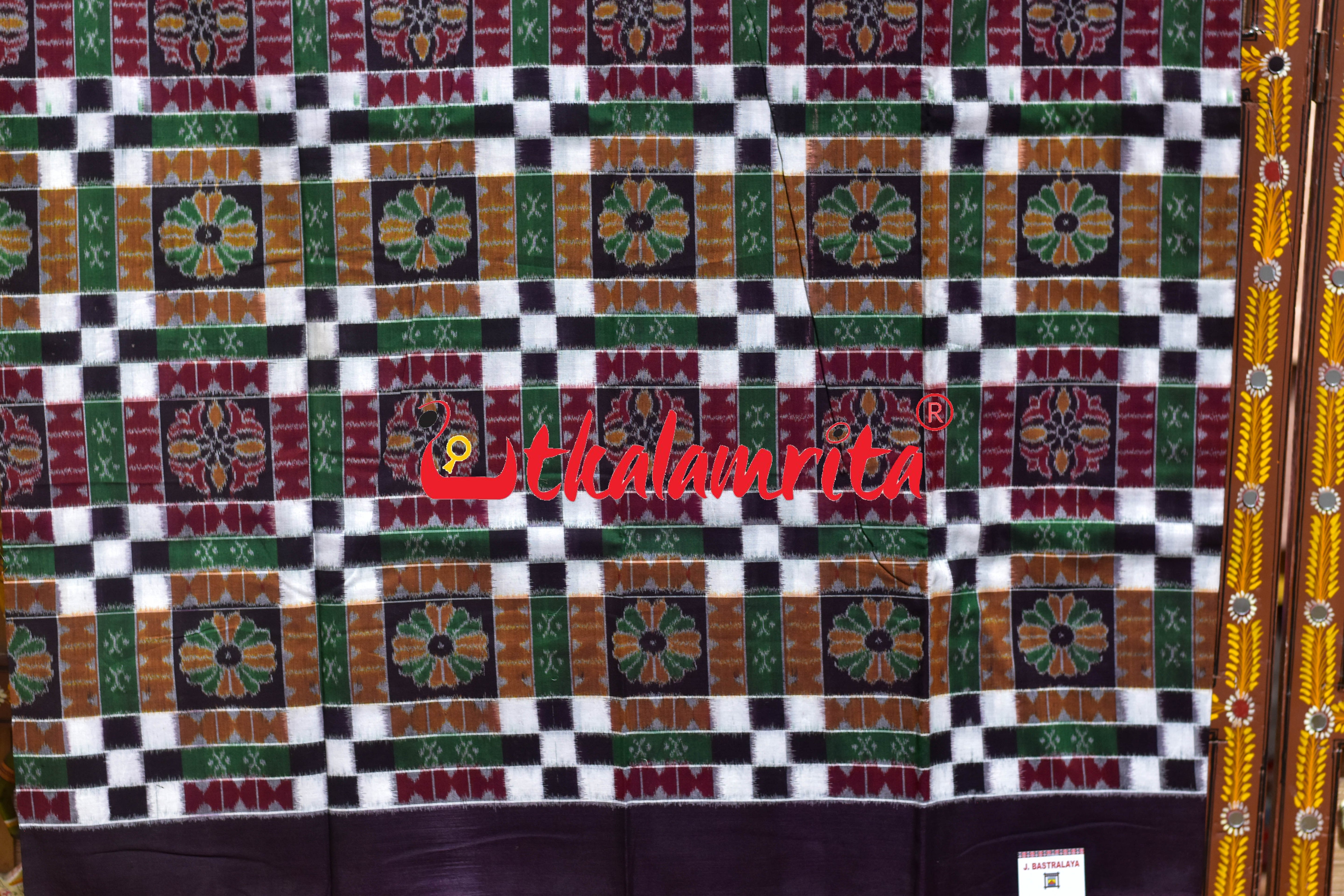 Utkala Lakhmi Coffee Green White Sambalpuri Cotton Dress Set