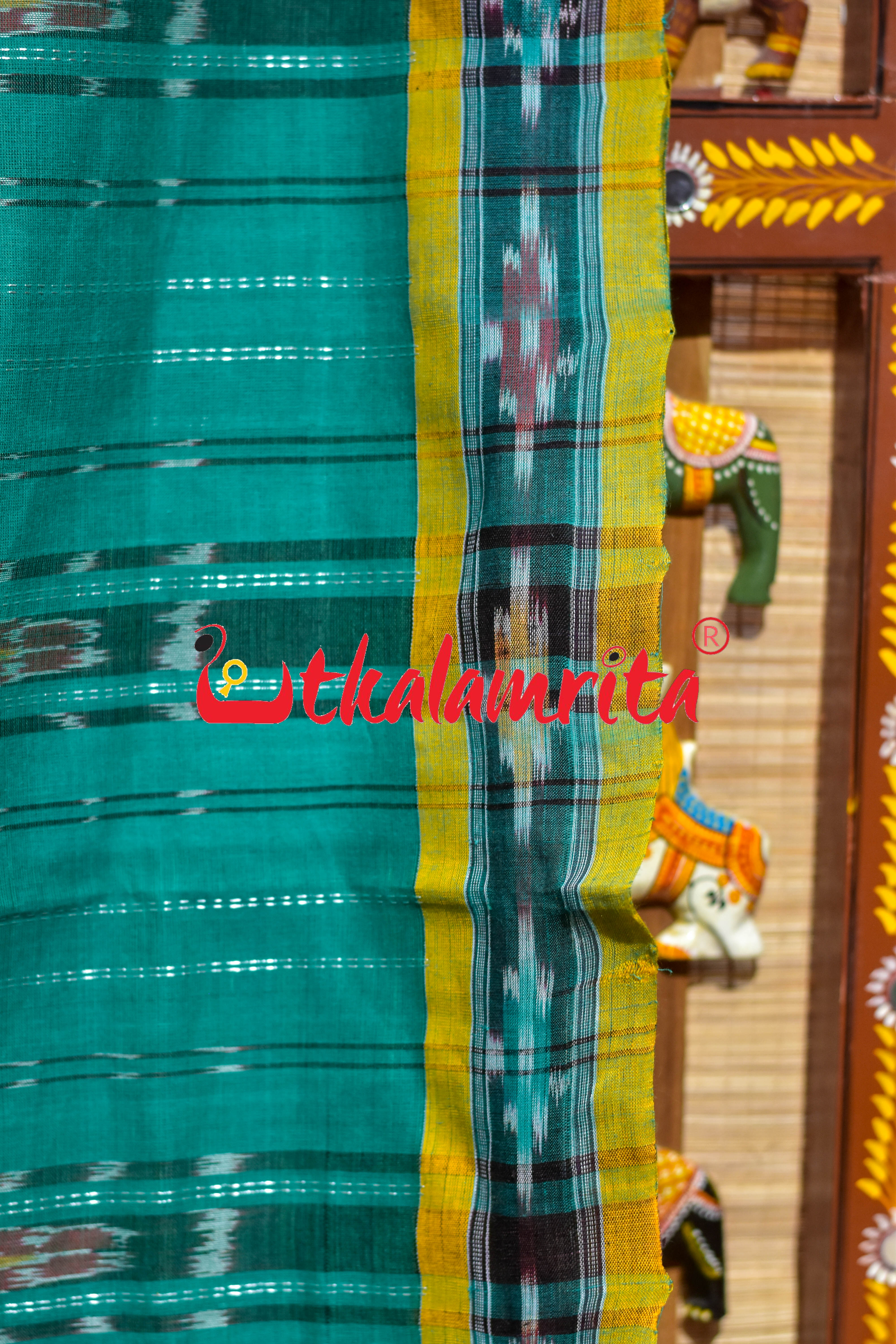 Green Fish Lines Pittala Single Cotton Saree