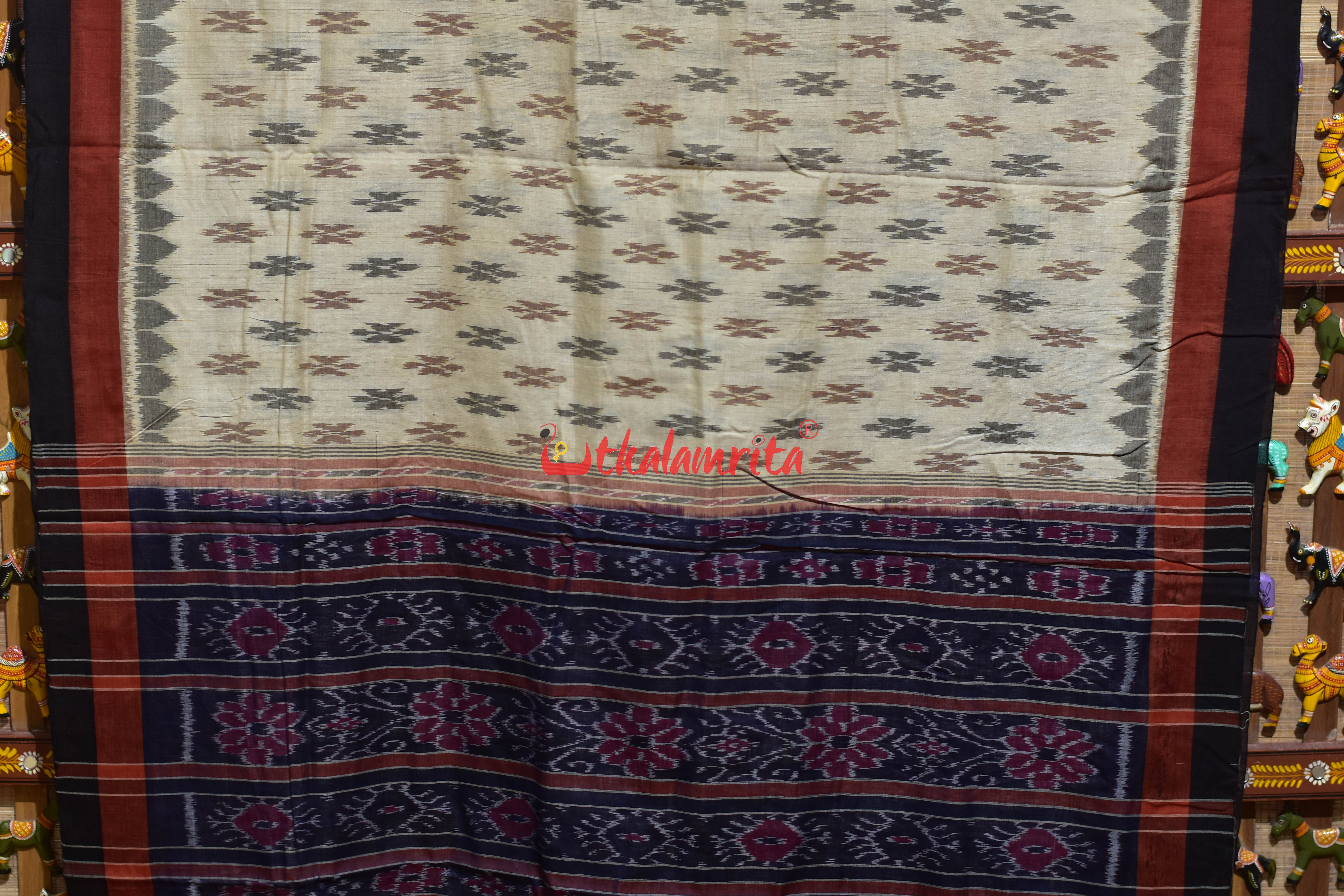 Rust Black Double Border Off White Damru Khandua Cotton Saree