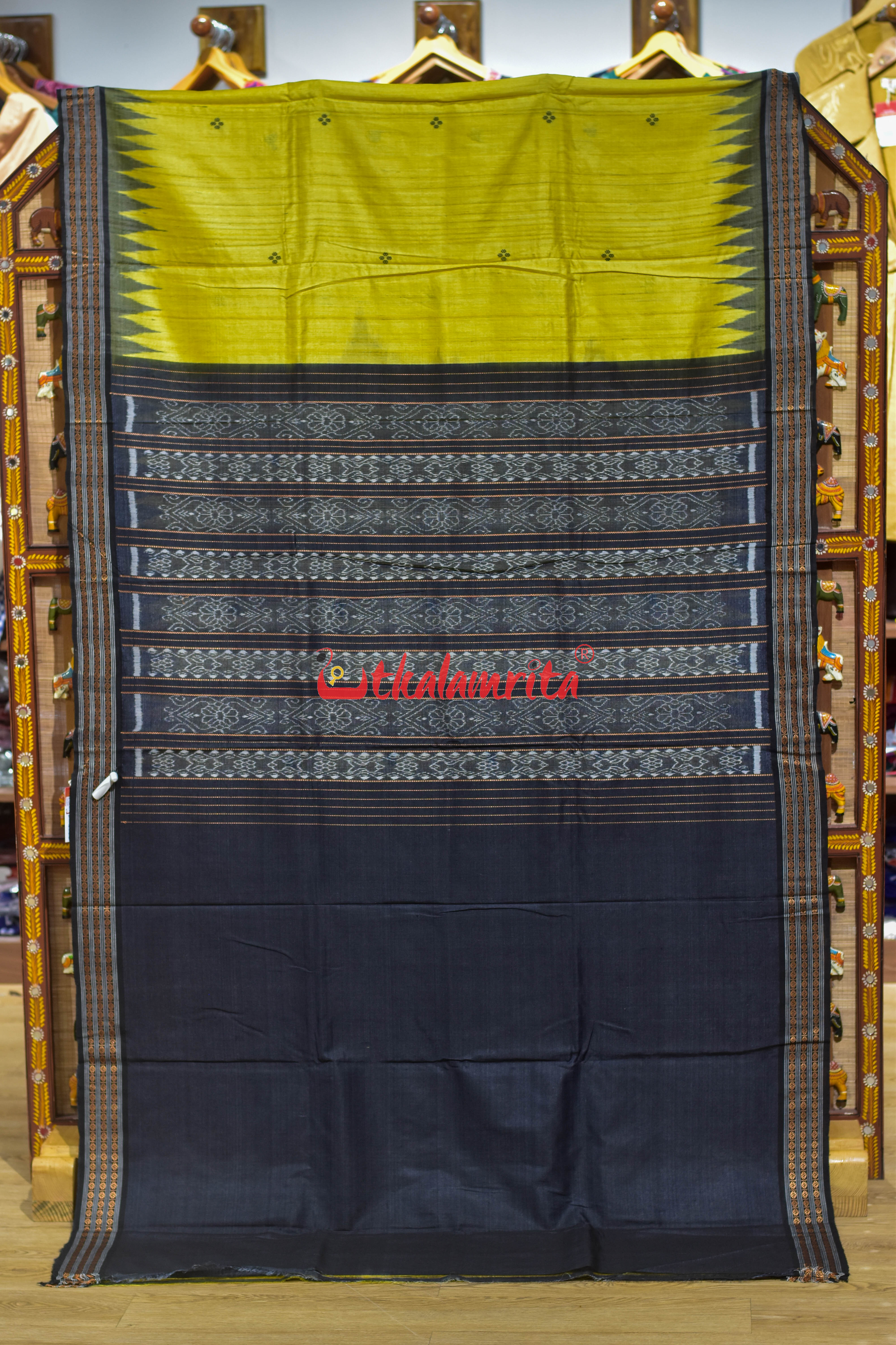 Yellow Black Dobby Border Fine Gopalpur Tussar Silk Saree