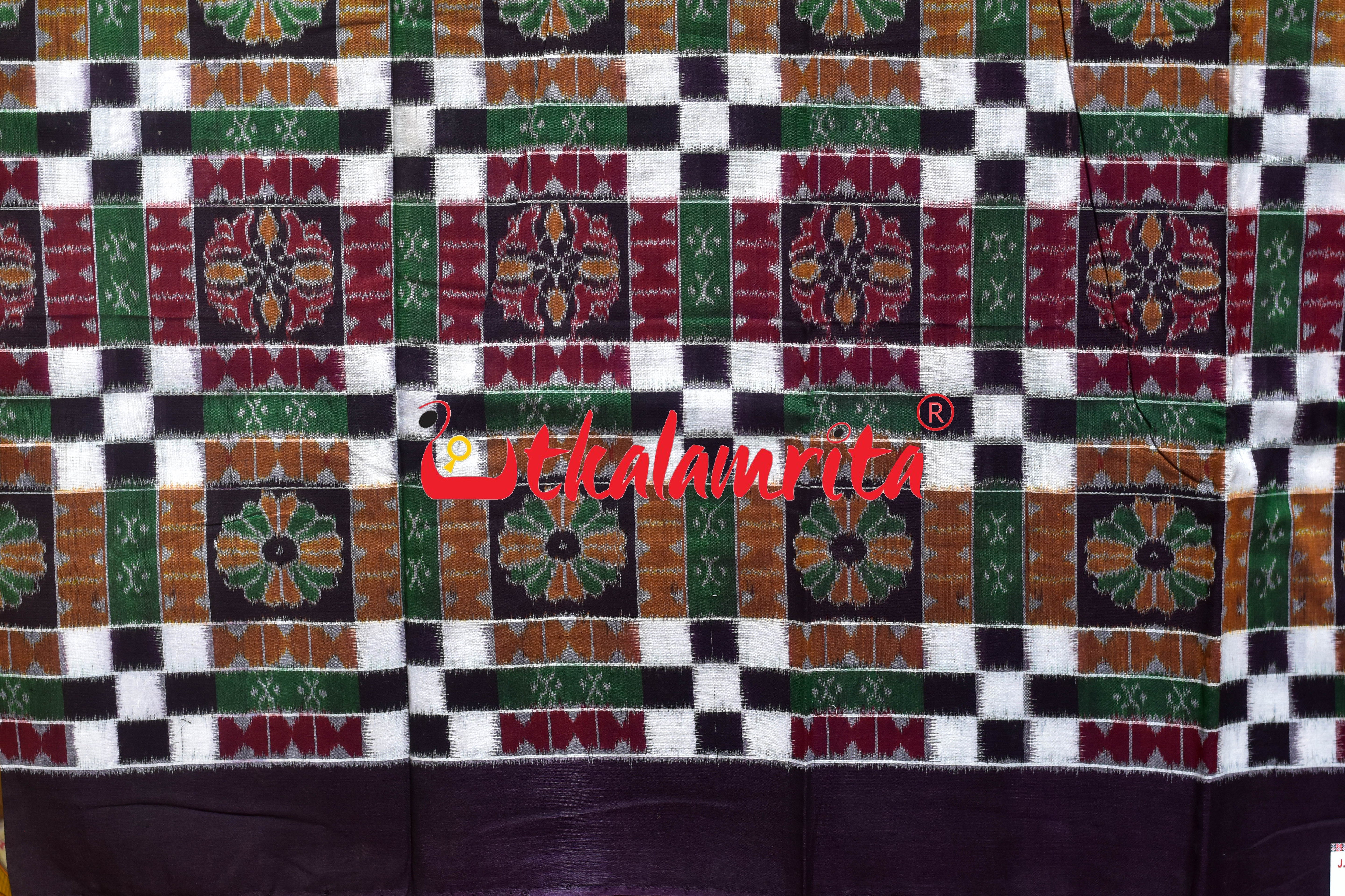 Utkala Lakhmi Coffee Green White Sambalpuri Cotton Dress Set