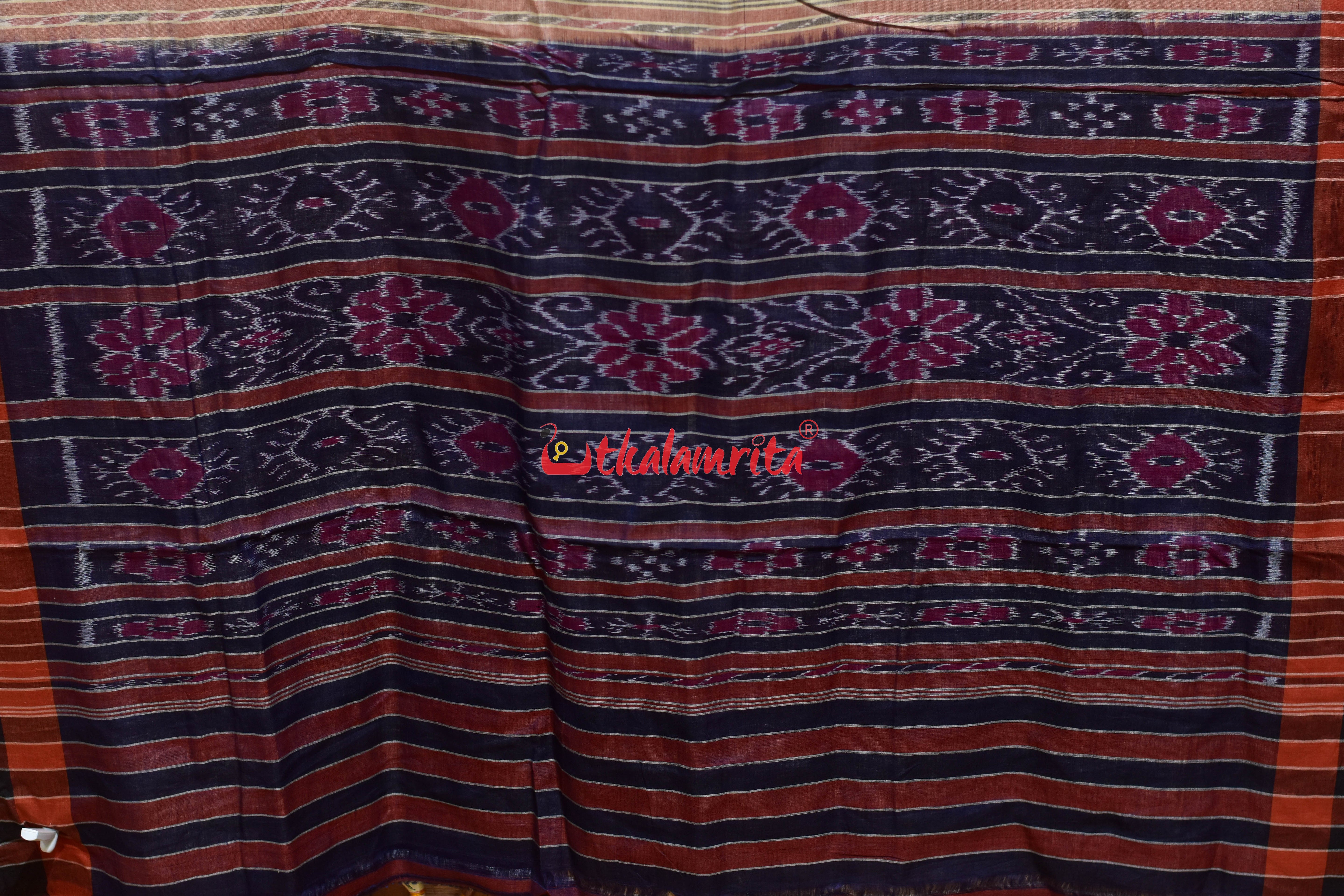 Rust Black Double Border Off White Damru Khandua Cotton Saree