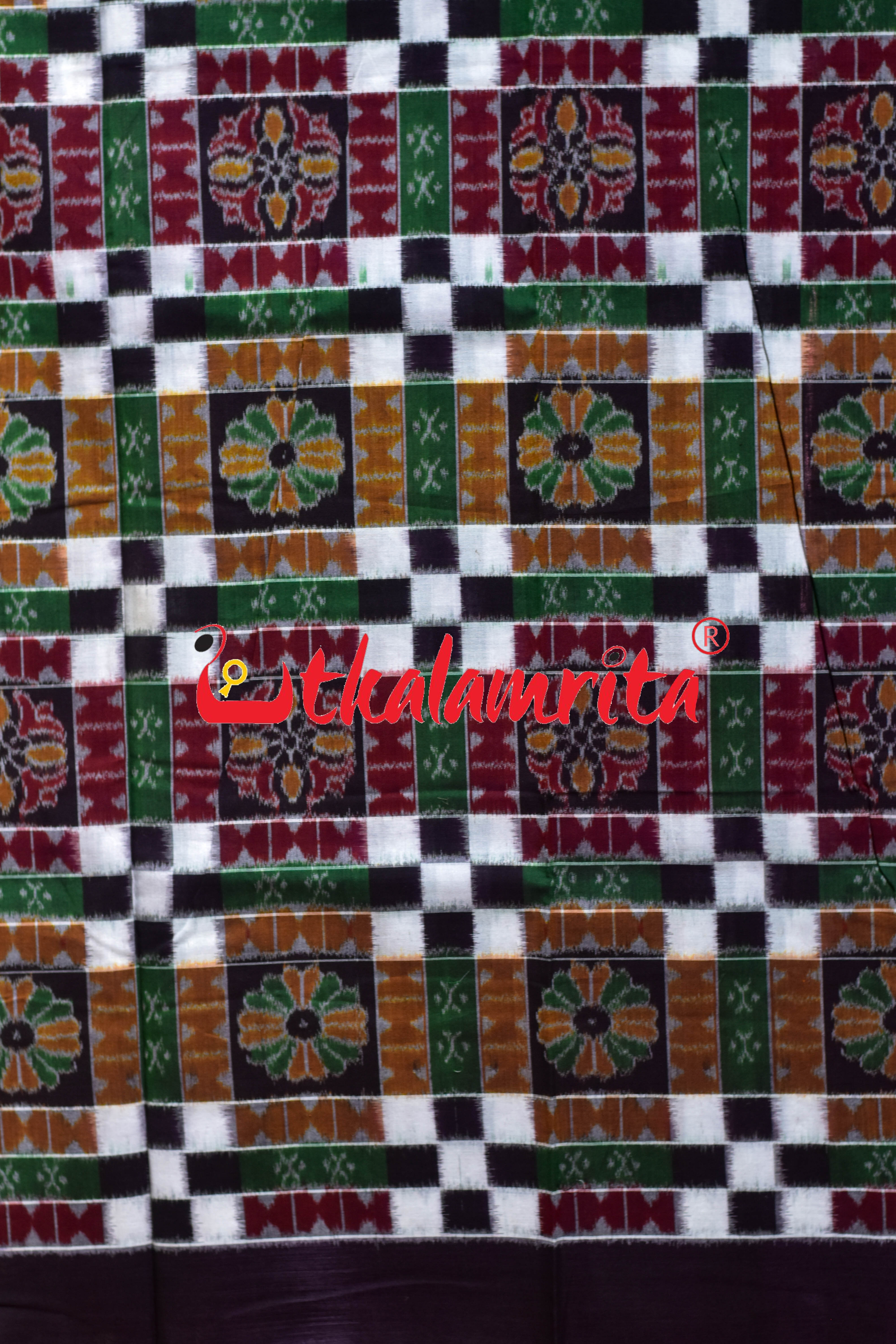 Utkala Lakhmi Coffee Green White Sambalpuri Cotton Dress Set