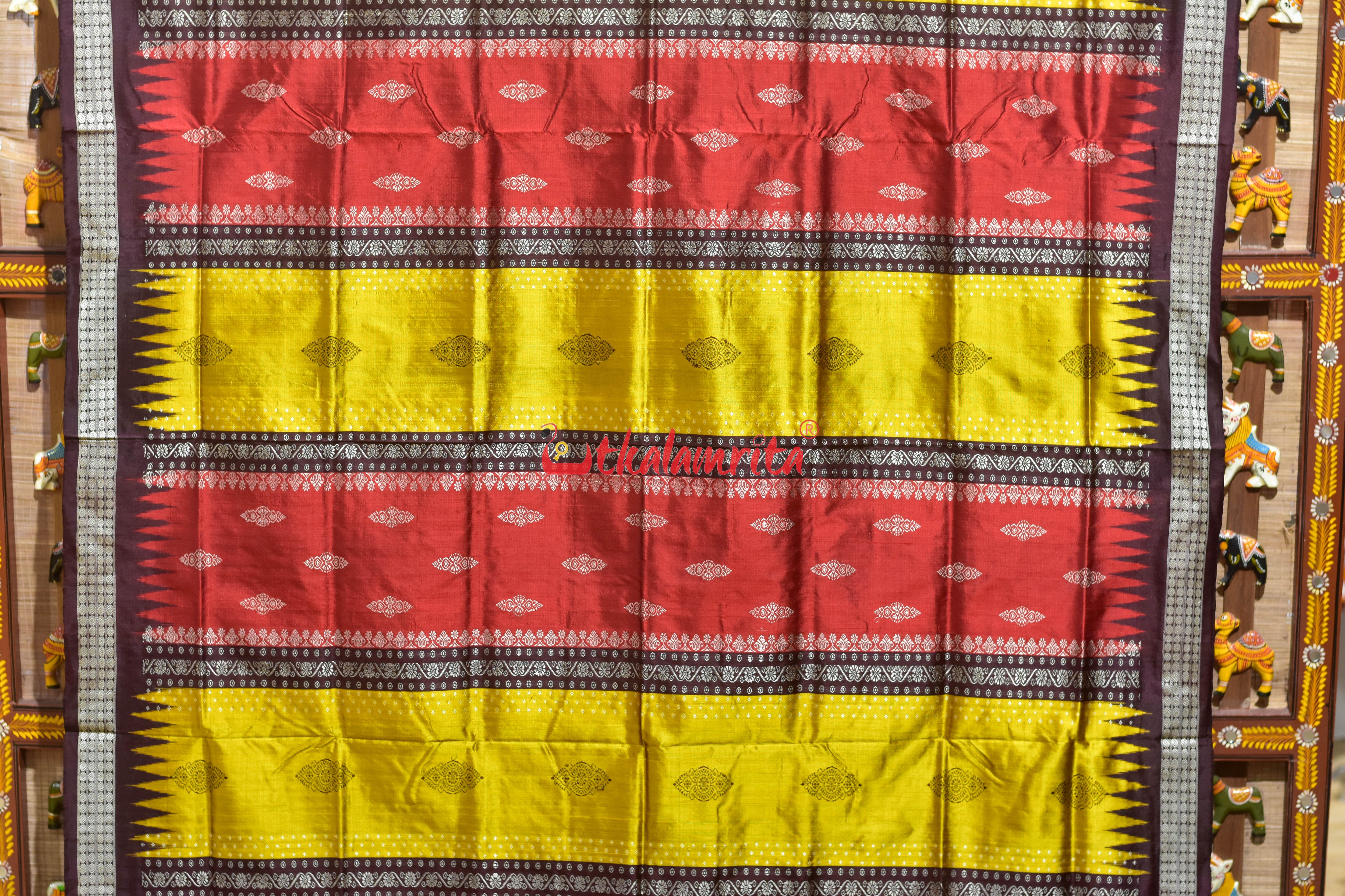 Peri Peri Golden Red Bomkai Silk Saree