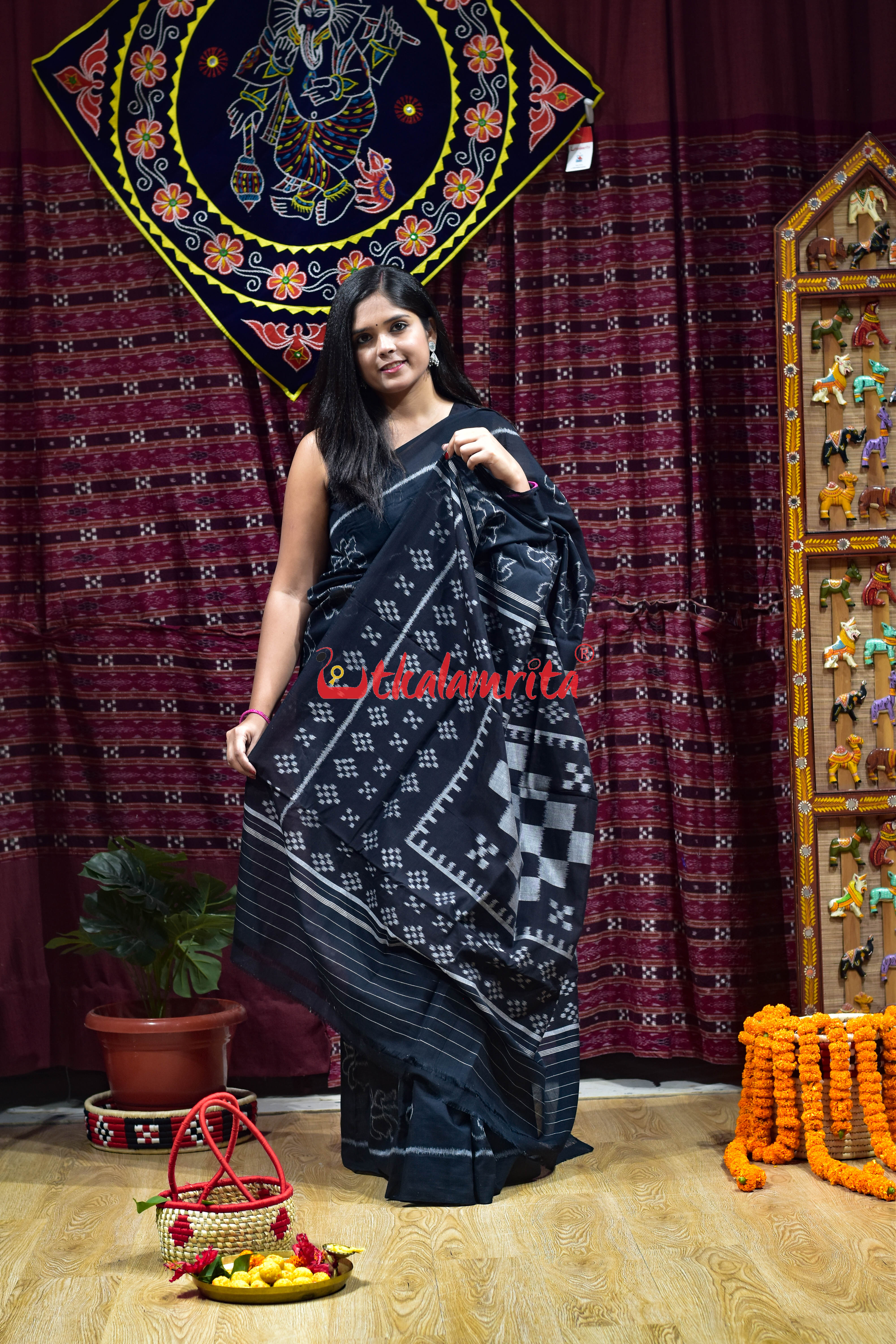 Lotus Black Khandua Cotton Saree