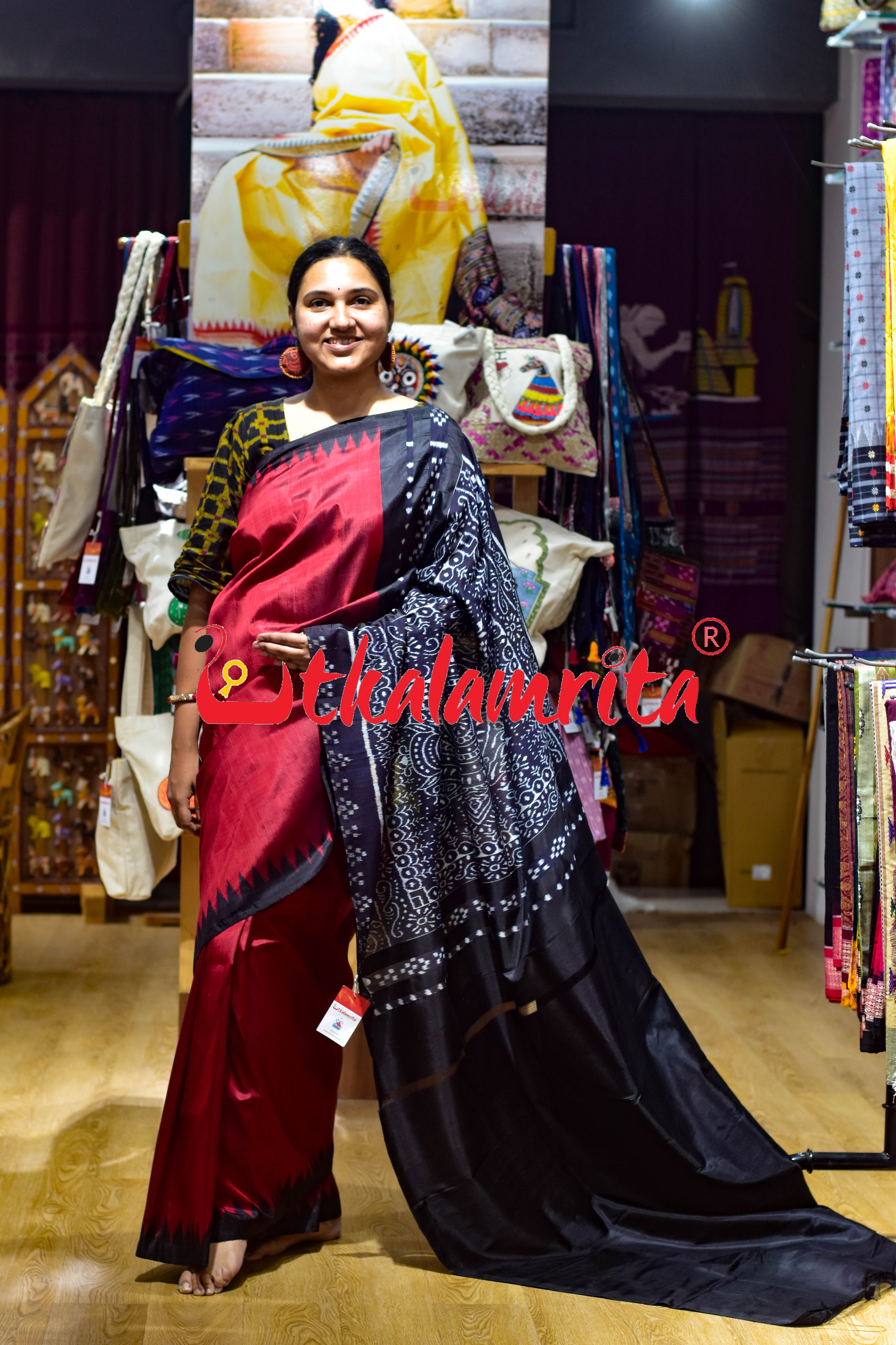 Baala Buti Maroon Black Khandua Silk Saree