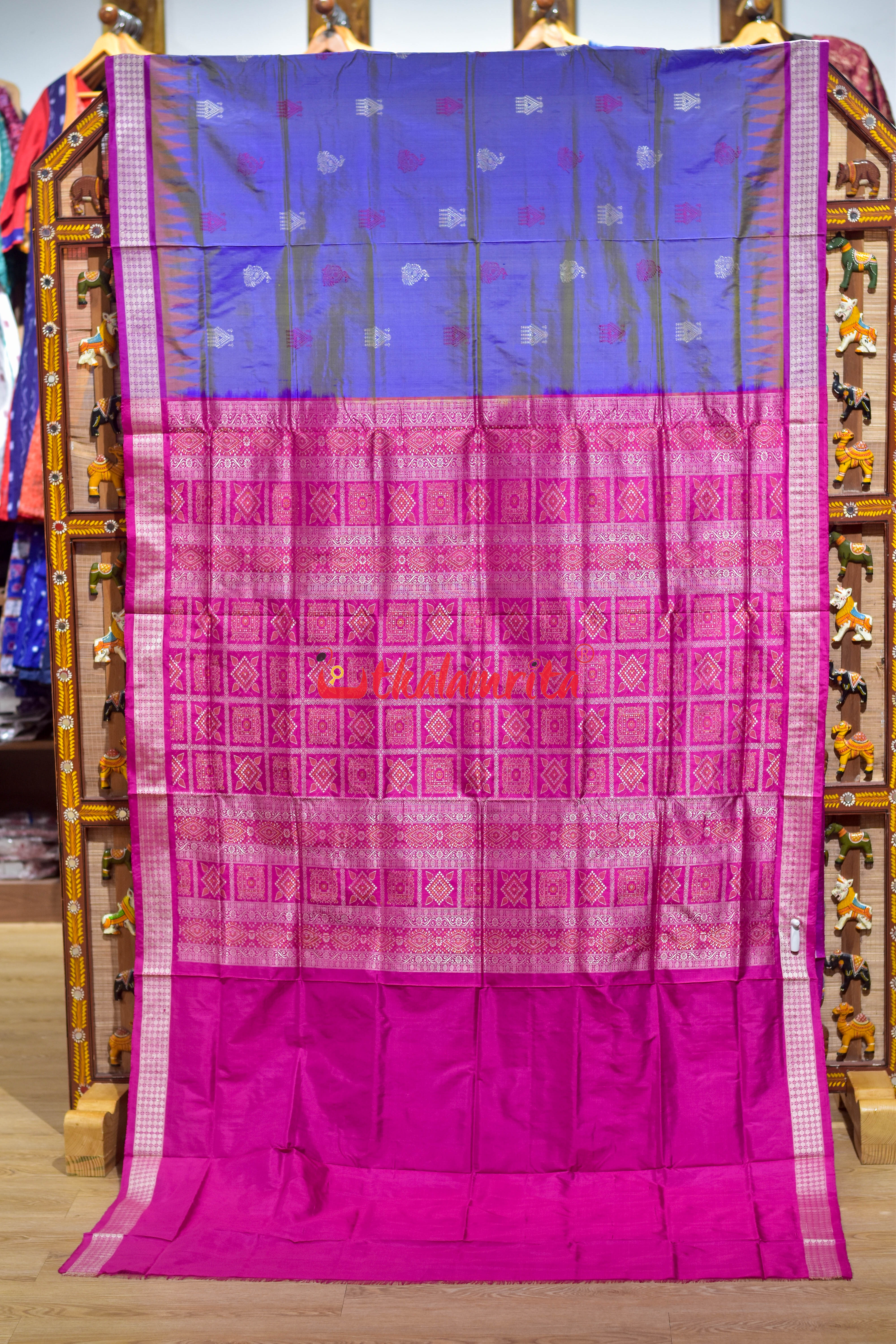 Golden Blue Rani Mayura Mukuta Bomkai Silk Saree