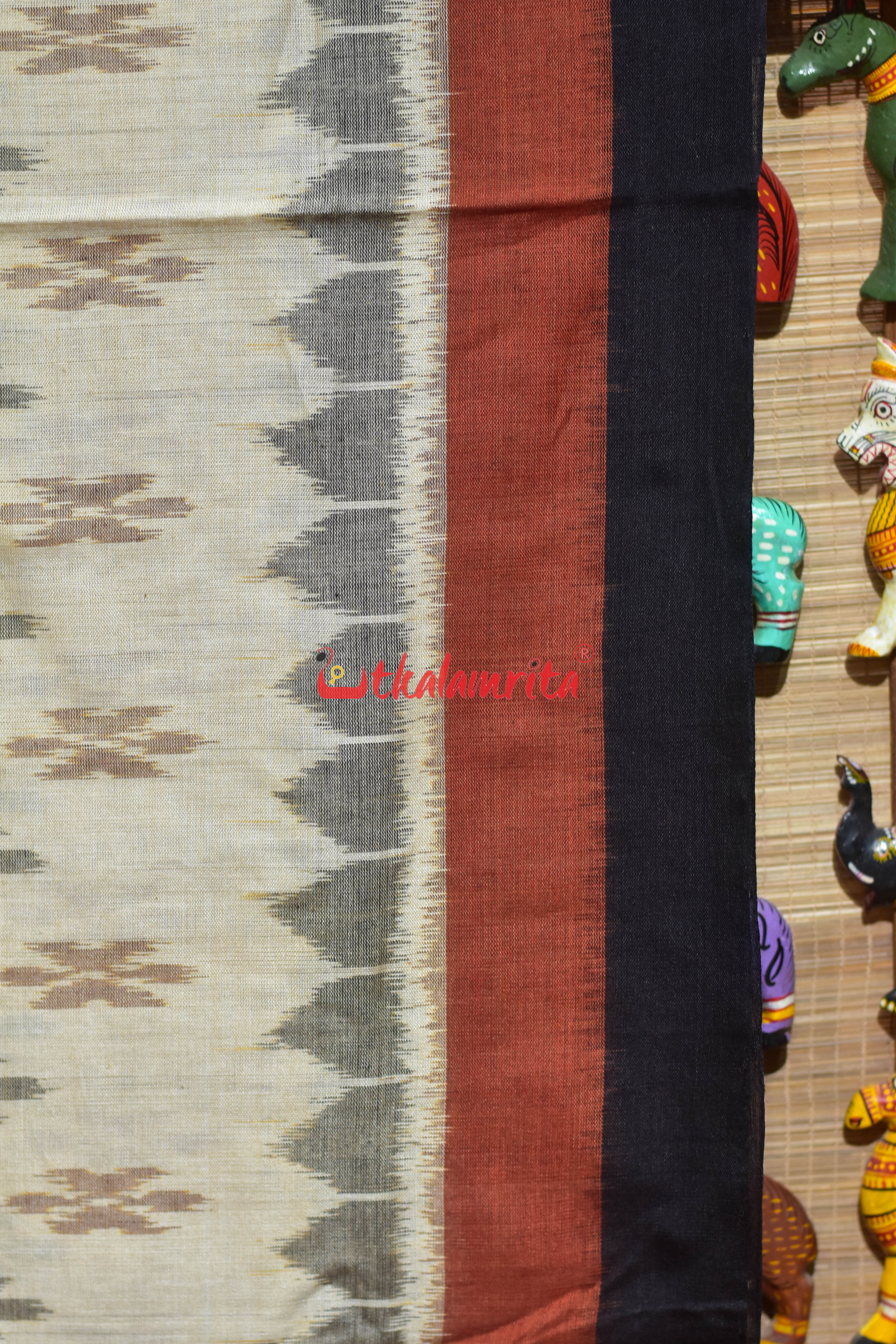 Rust Black Double Border Off White Damru Khandua Cotton Saree