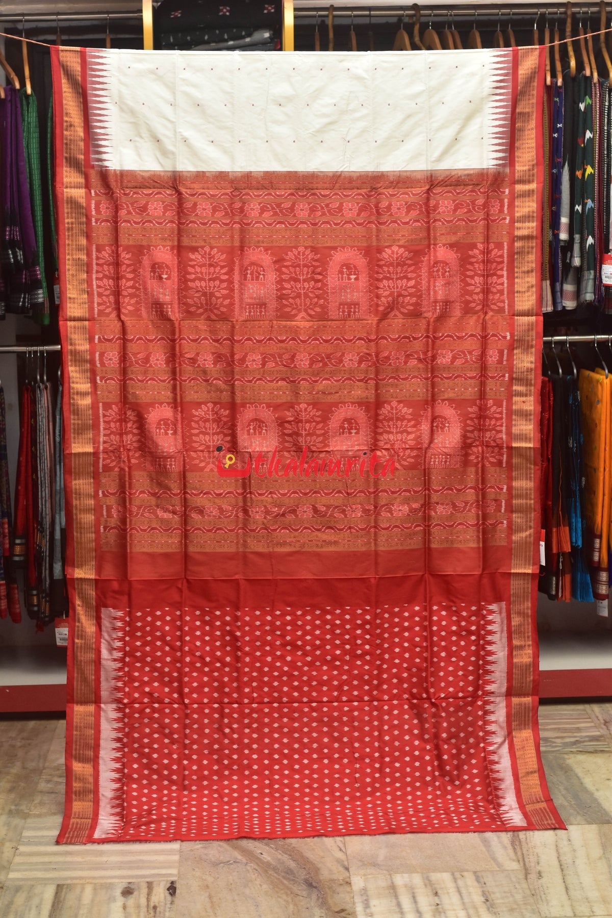 White Red Half Tissue Sambalpuri Silk Saree