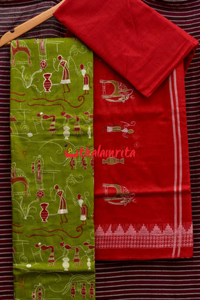 Pear Green Red Tribal Village Dress Set