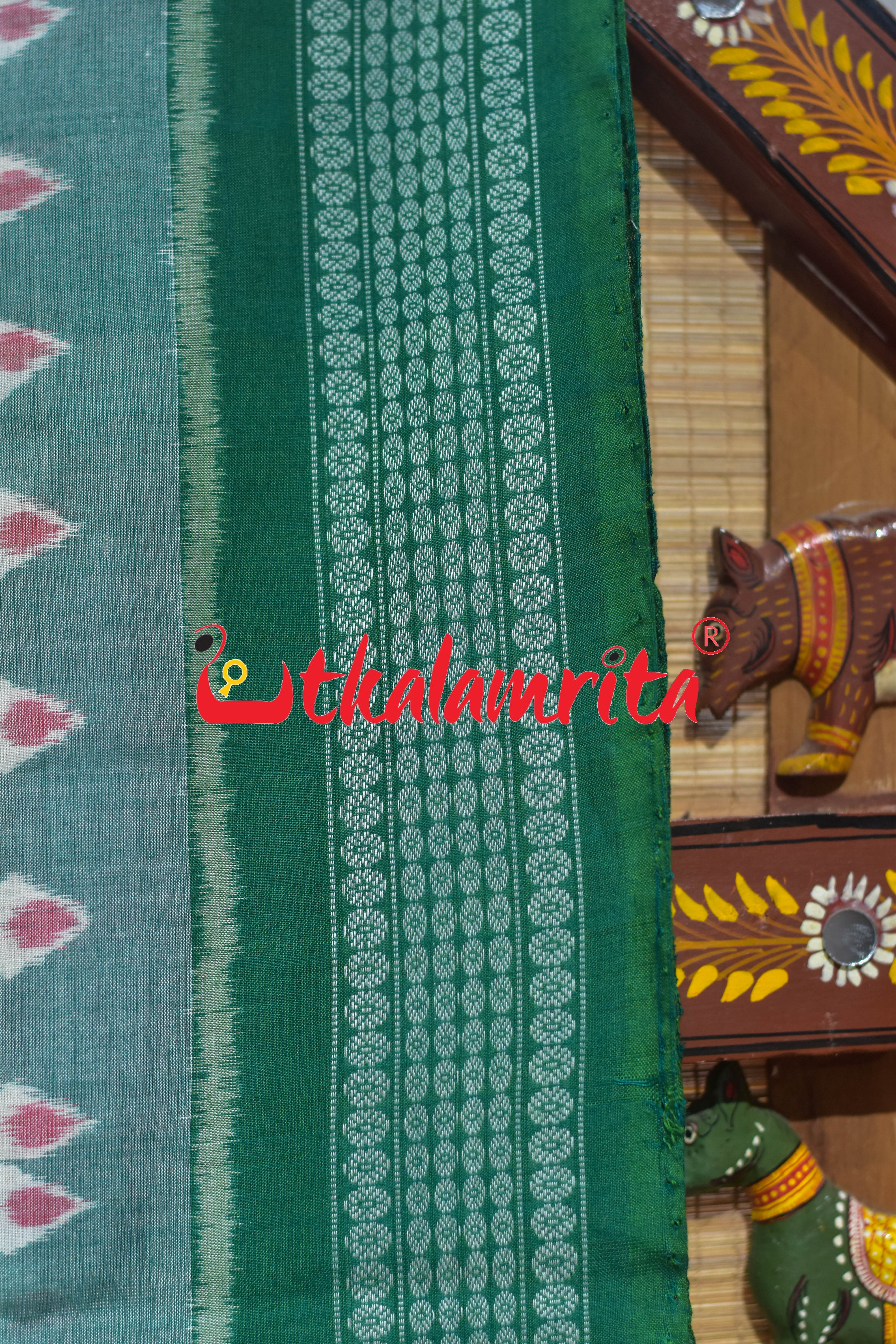 Green White Thikiri Body Bandha Sambalpuri Cotton Saree