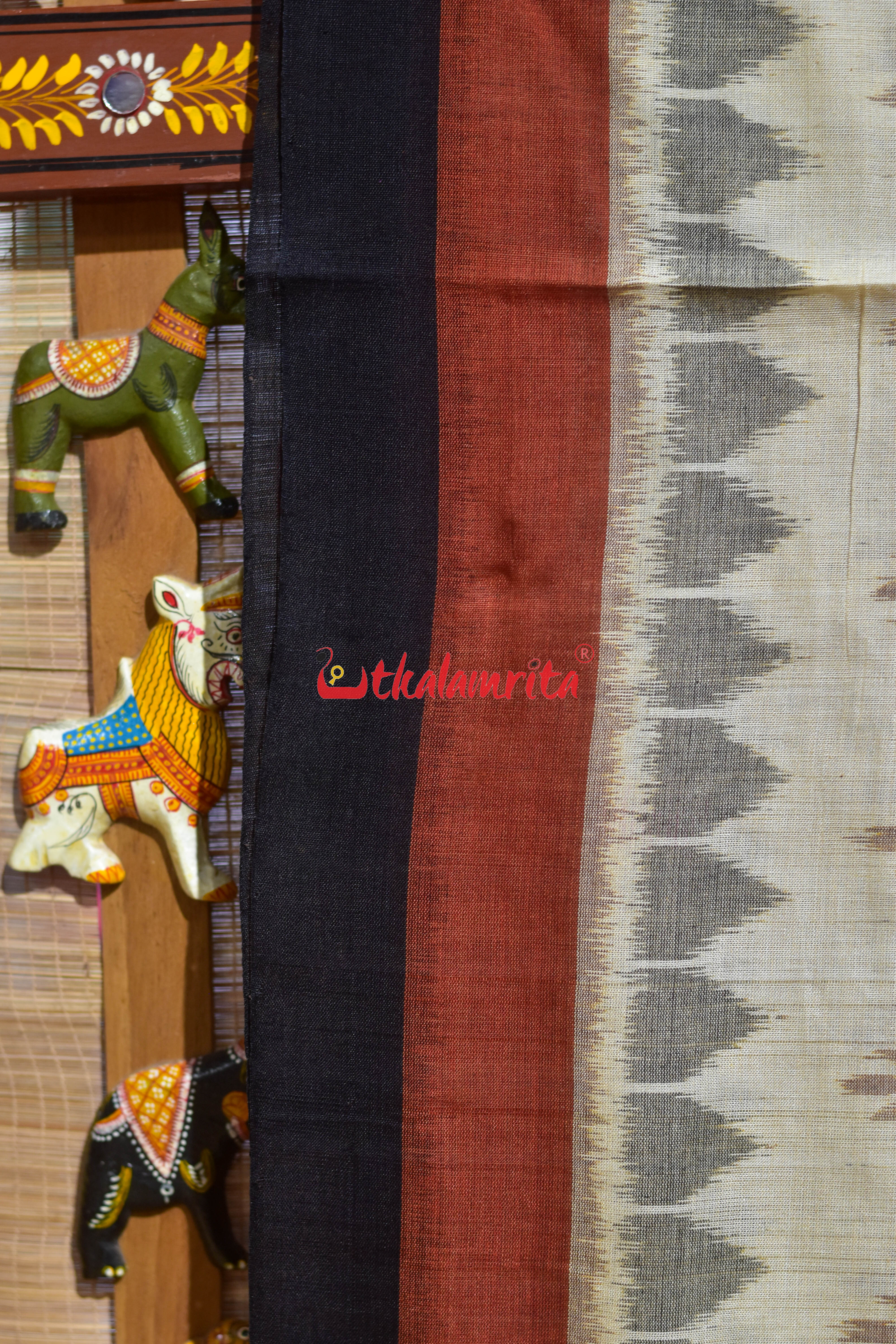 Rust Black Double Border Off White Damru Khandua Cotton Saree