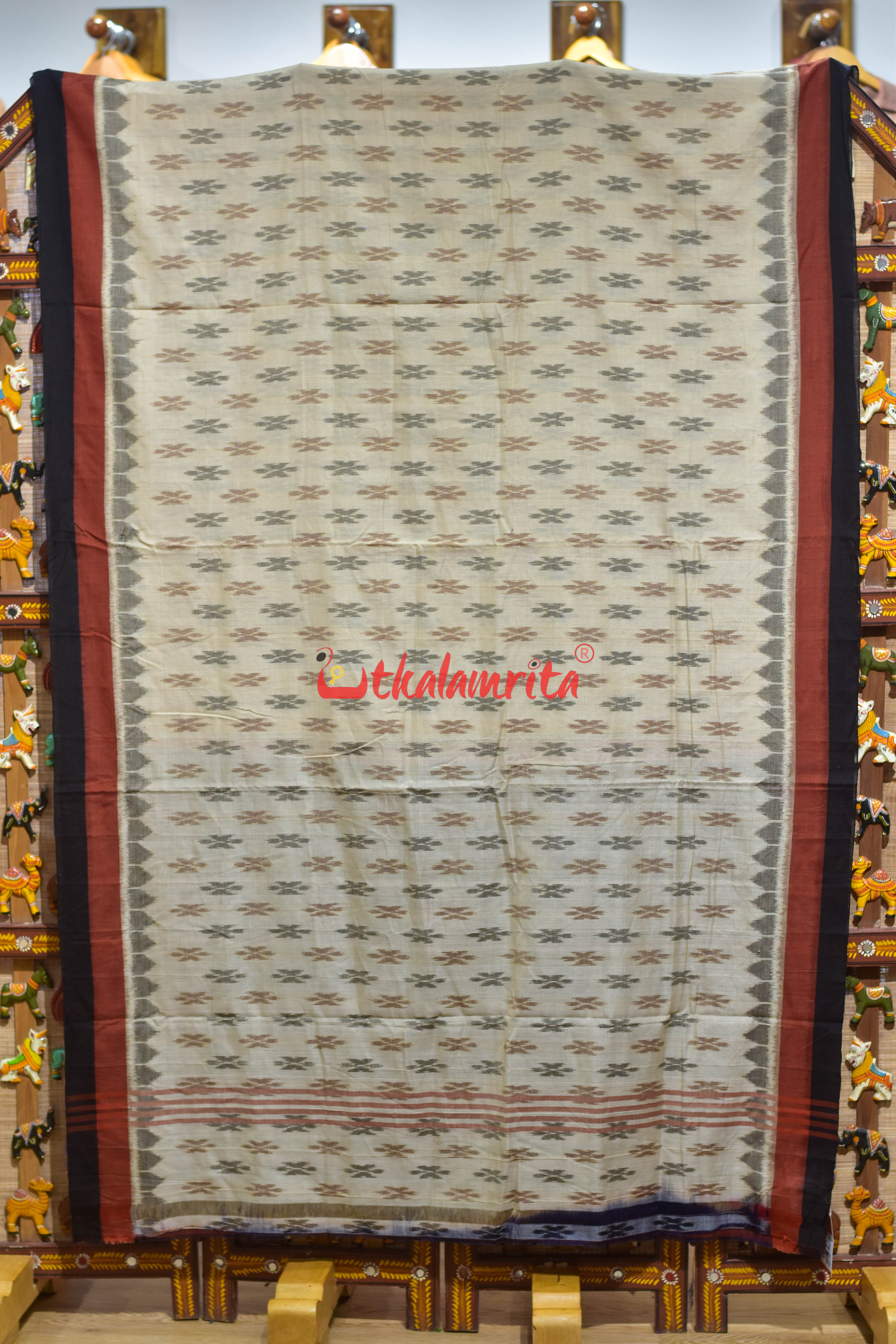 Rust Black Double Border Off White Damru Khandua Cotton Saree