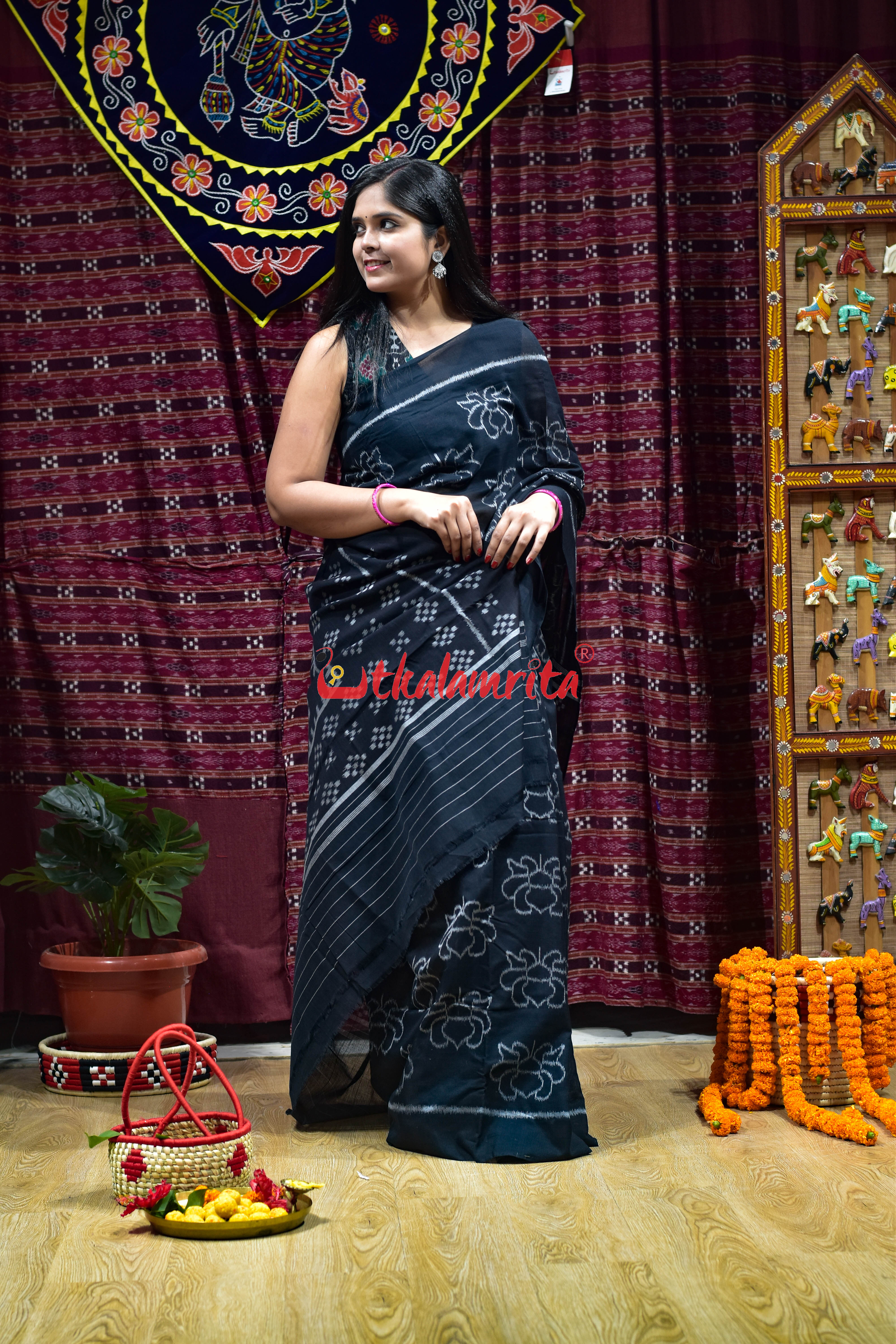 Lotus Black Khandua Cotton Saree