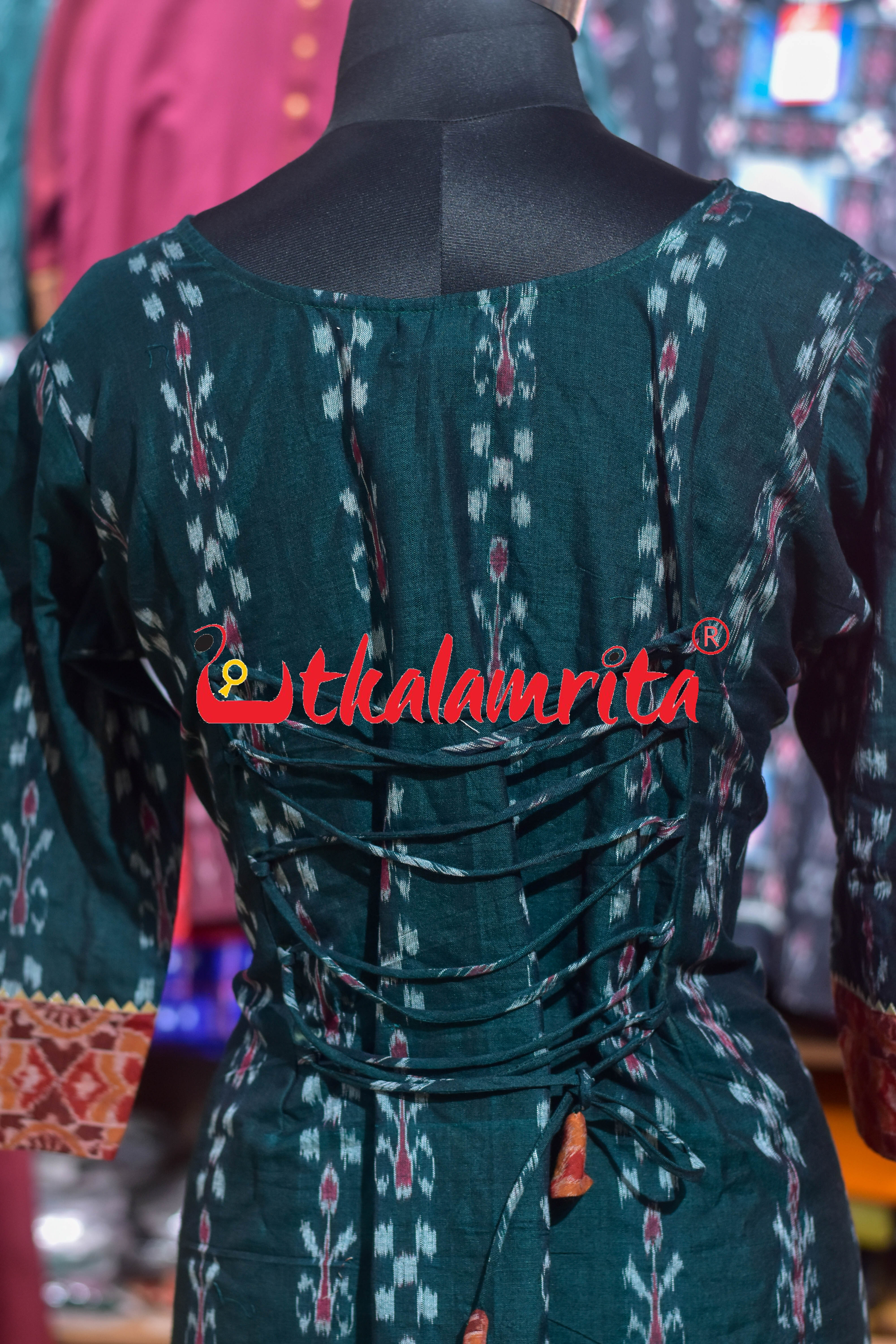 Deep Green Kadha with Rust Padma Chakra (Ladies' Kurti With Laces)