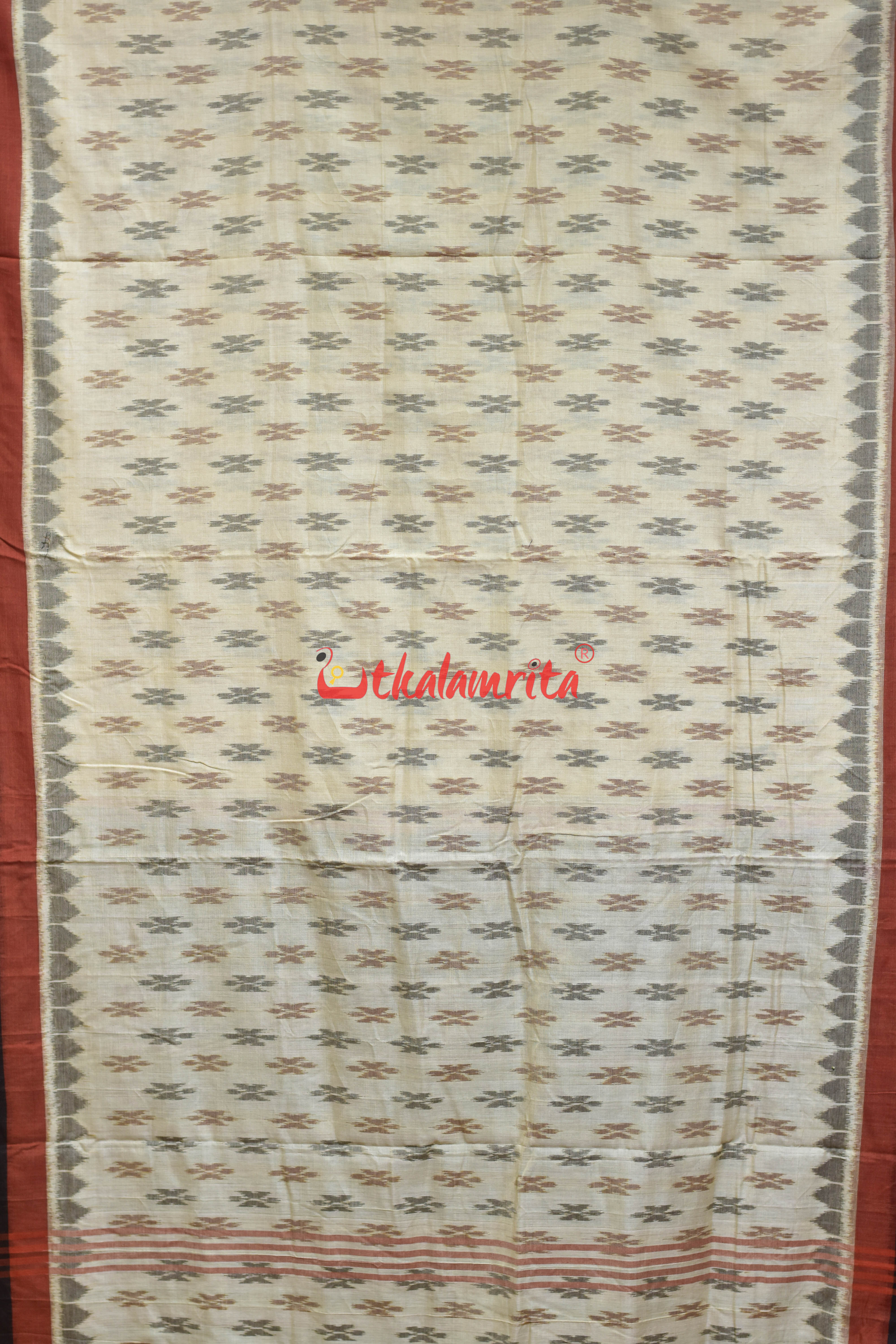 Rust Black Double Border Off White Damru Khandua Cotton Saree