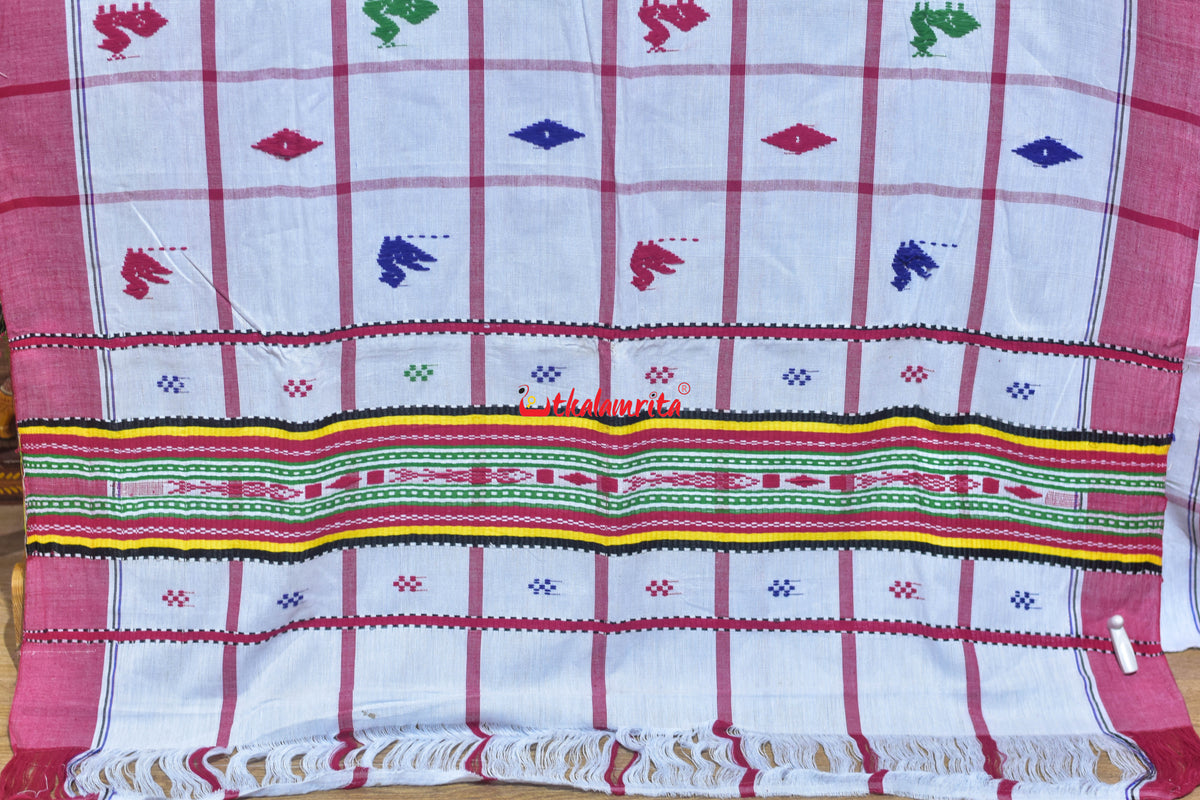 White Check Red Lines Santhal Saree