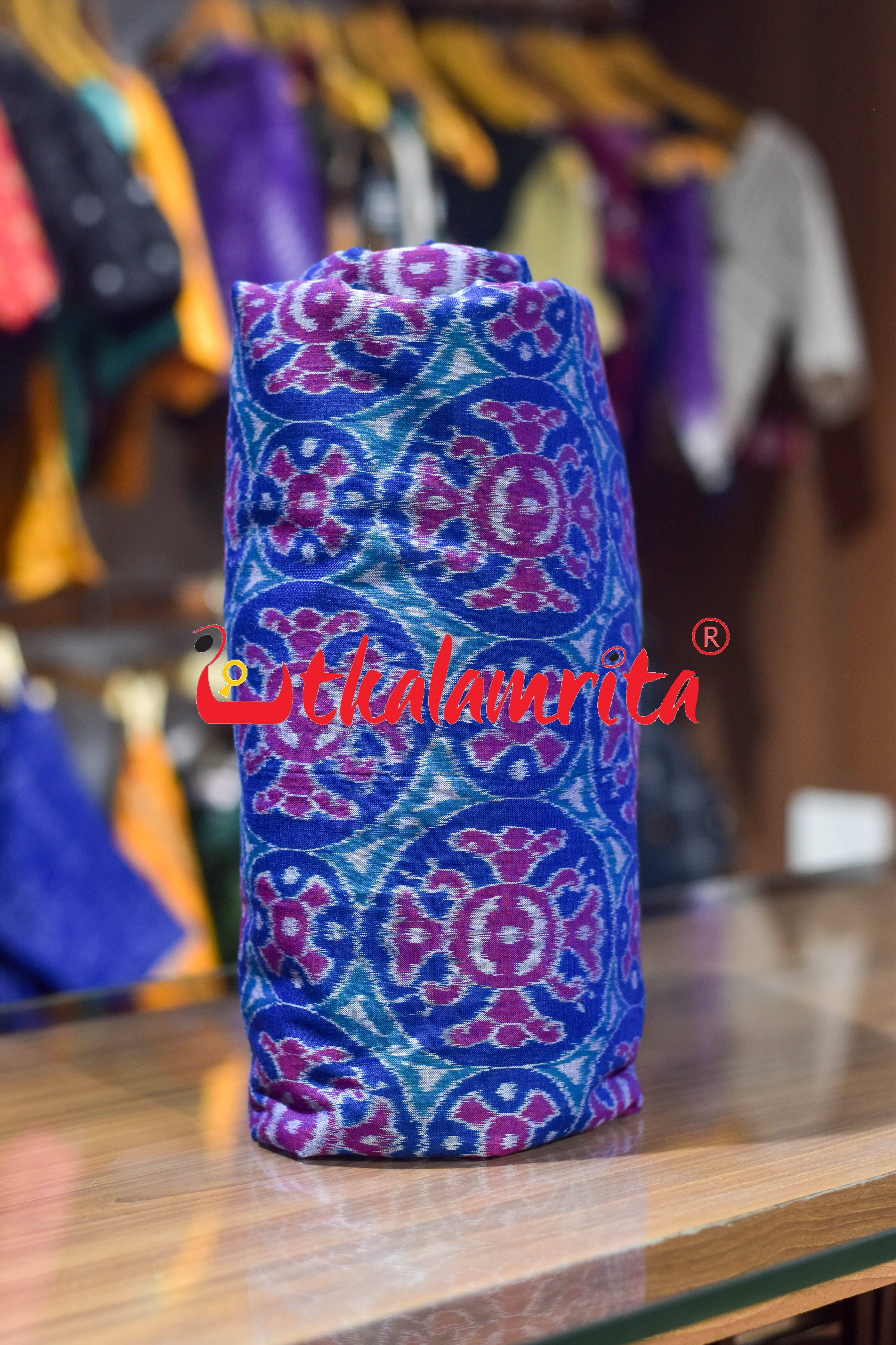 3D Blue Special Flower Sambalpuri Cotton (Fabric)