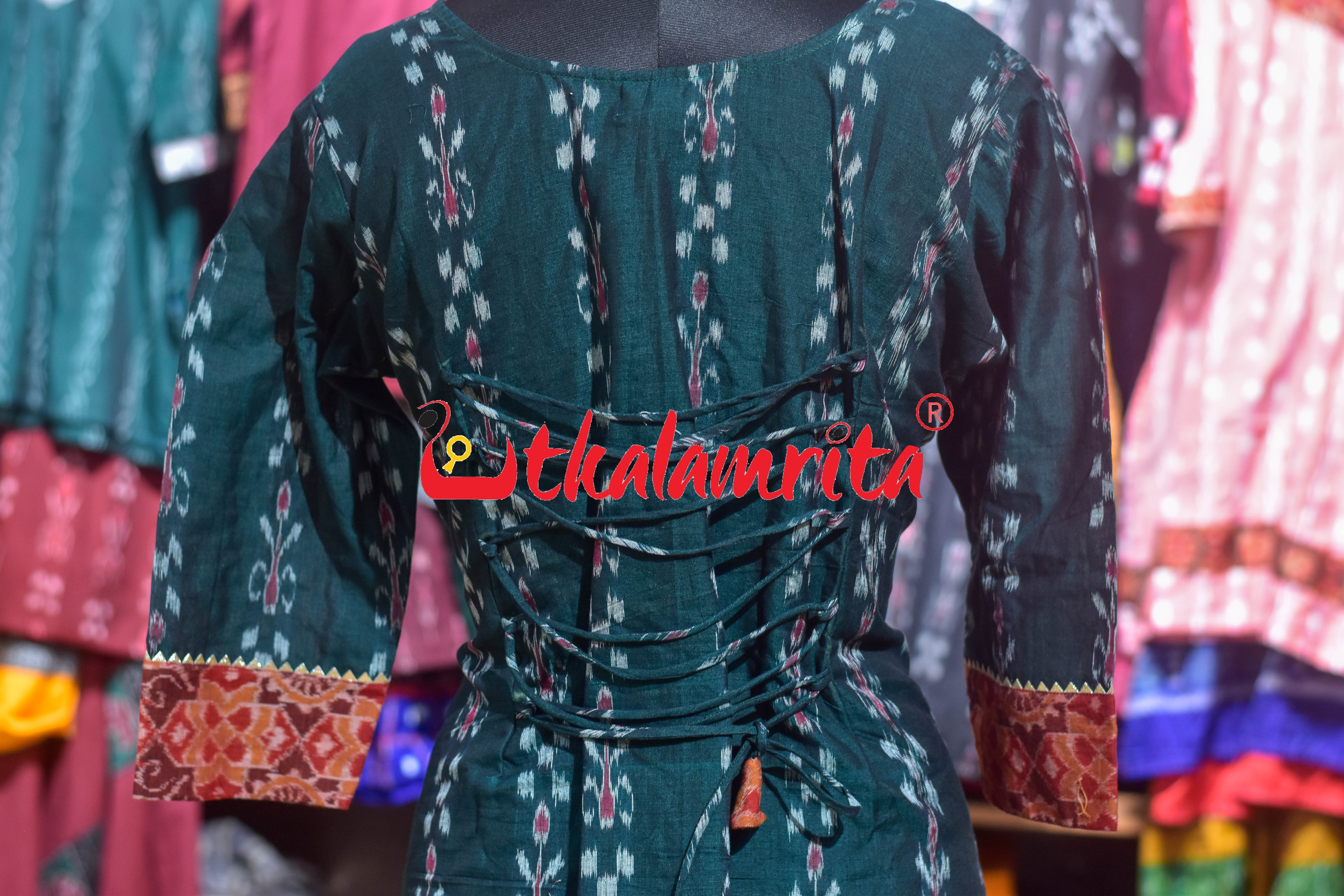 Deep Green Kadha with Rust Padma Chakra (Ladies' Kurti With Laces)