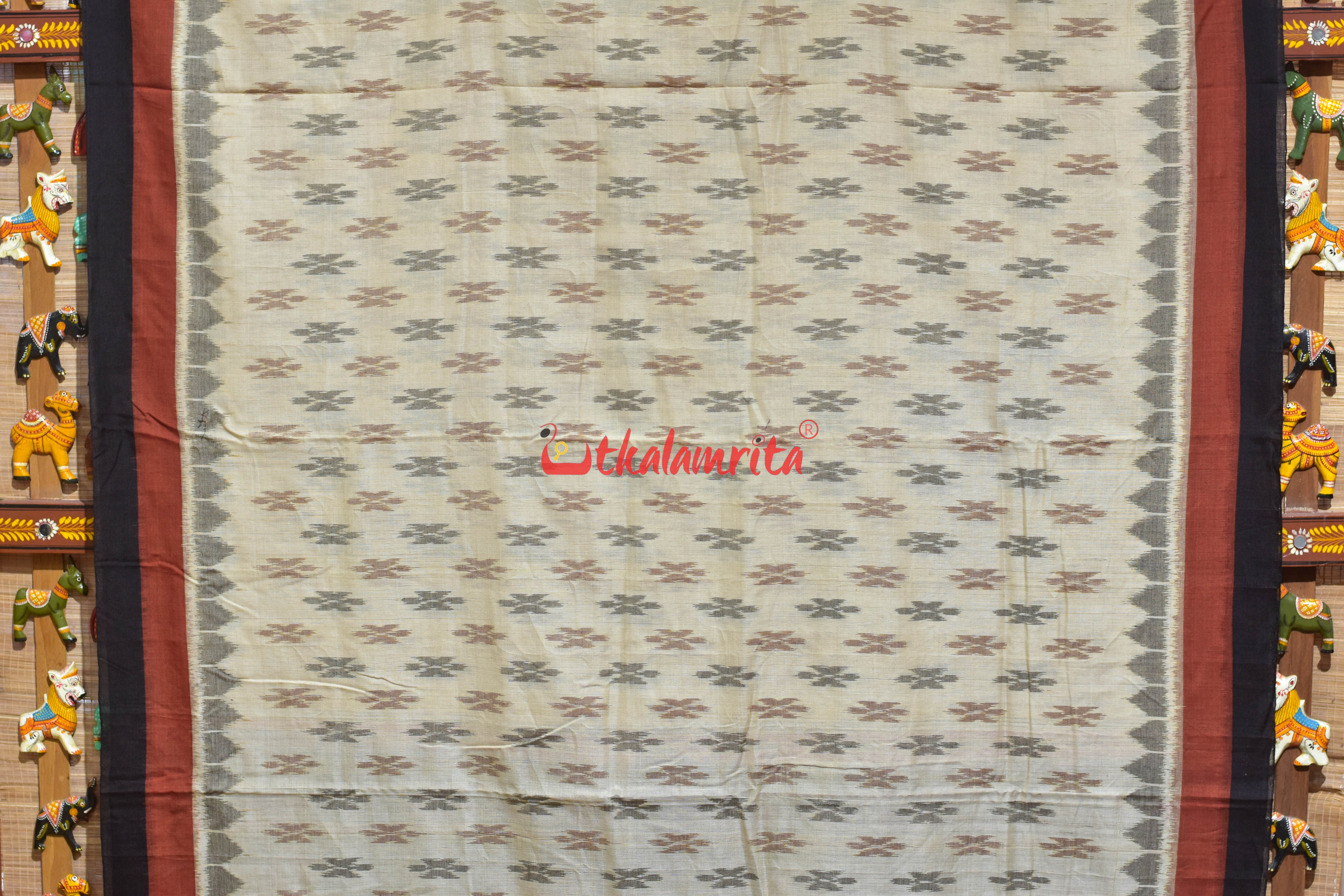 Rust Black Double Border Off White Damru Khandua Cotton Saree